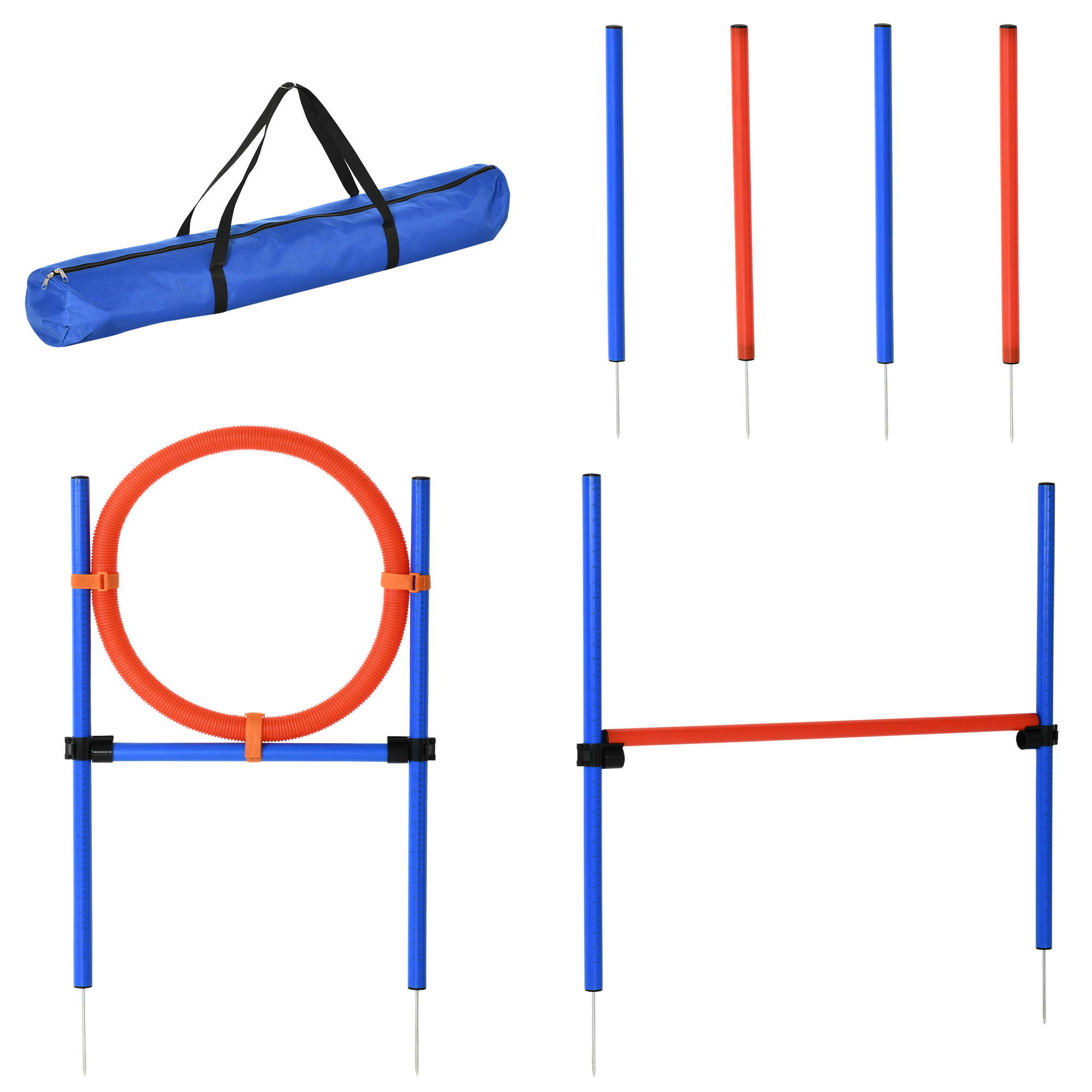 Agility Set Hunde, 3-teiliges Agility Ausrüstung mit Hürden, Slalomstangen, Springring, Aufbewahrungstasche, Steckhürdenset für Hundetraining, Trainingsset für Hunde Blau+Rot