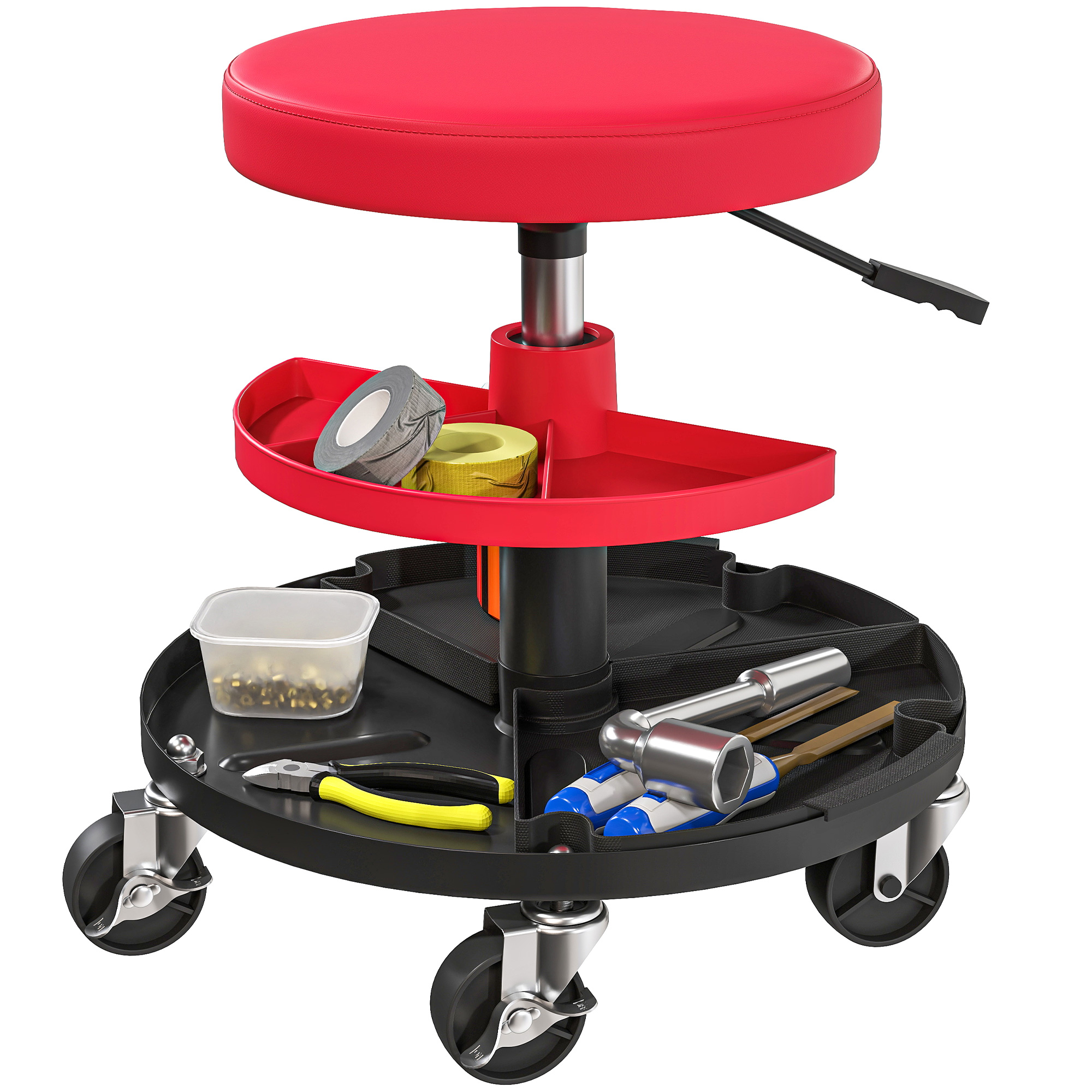 Werkstatthocker mit Rollen Tabletts höhenverstellbar 40-51cm Rollhocker bis 135 kg belastbar Rot
