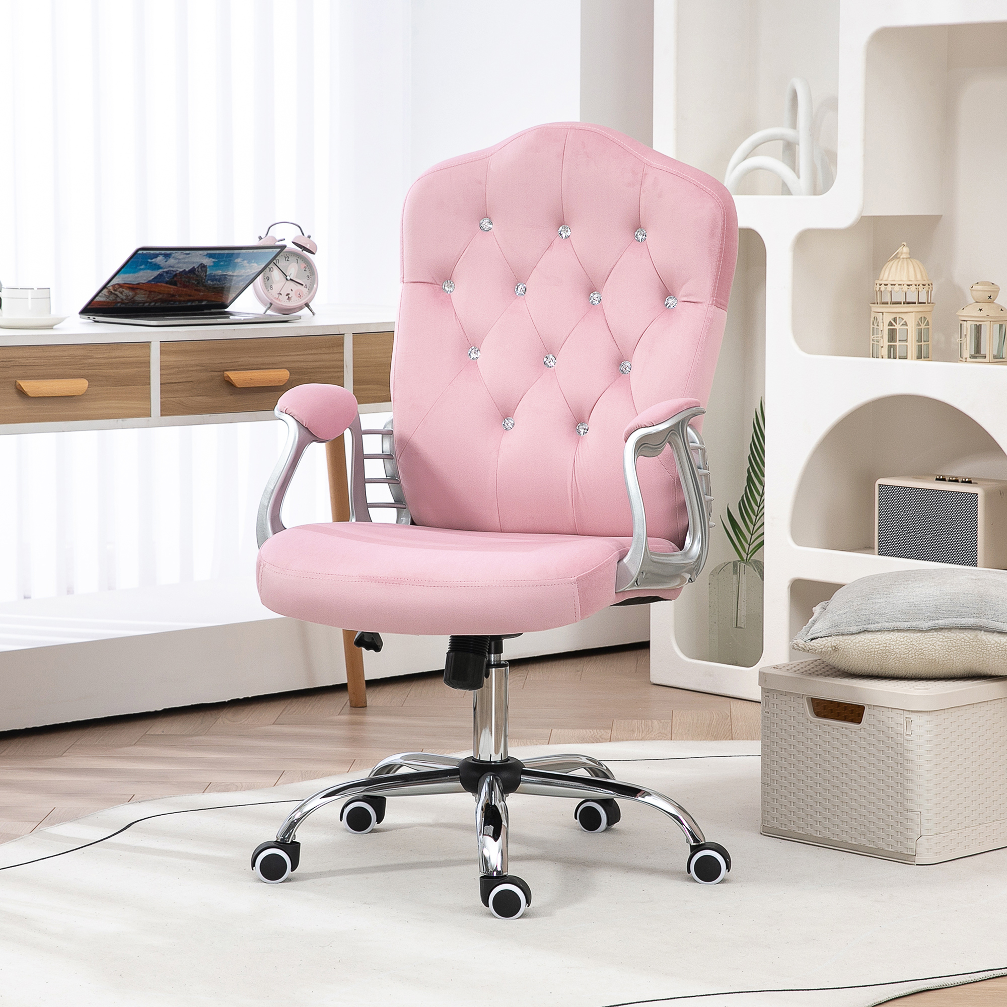 Bürostuhl, neigbare Lehne, höhenverstellbar, Samtoptik, bis 120 kg, Rosa