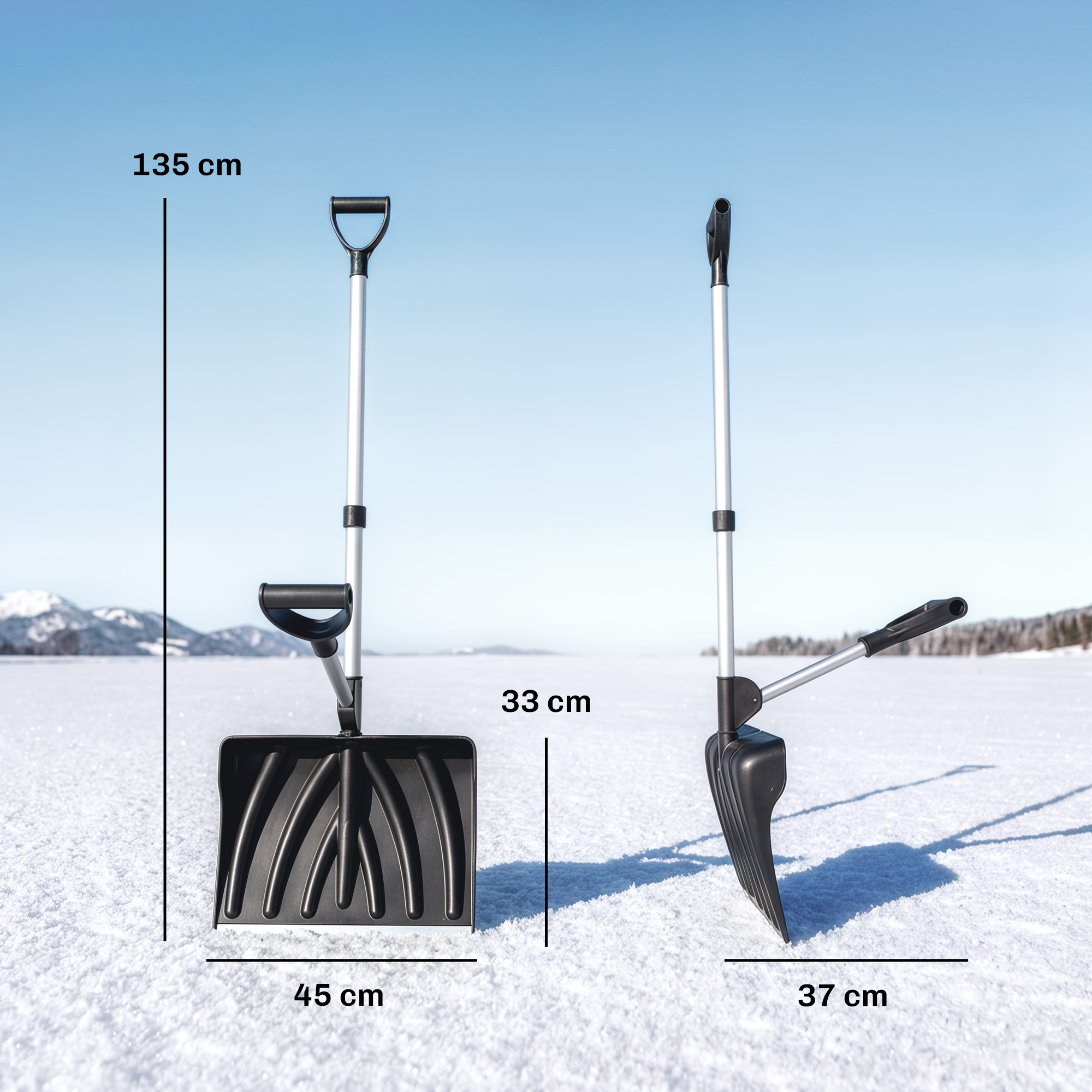 Schneeschieber 45 cm breit Kusnstoff Schneeschaufel mit Ergonomischer Zusatzgriff, Schneeräumer mit Alustiel Metallkante