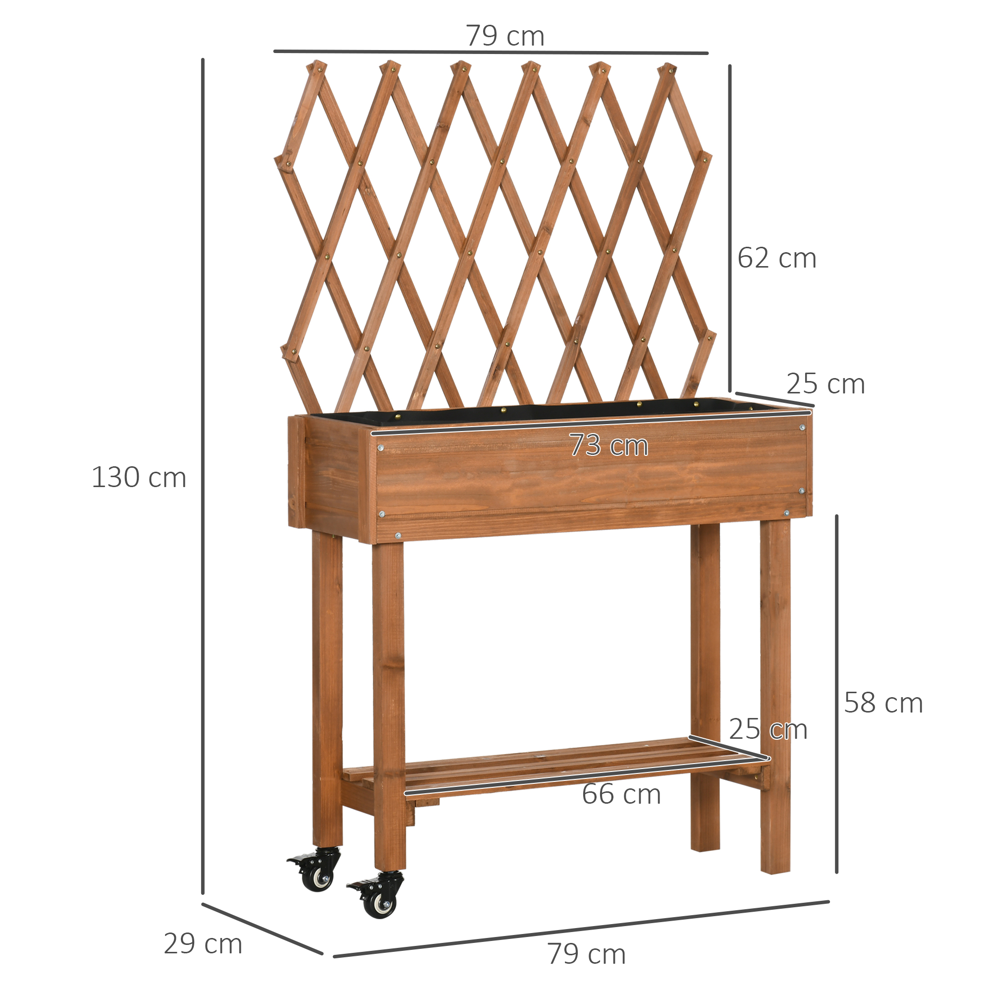 Hochbeet, integriertes Spalier, Ablageregal, Räder, Massivholz, braun, 79 x 29 x 130 cm