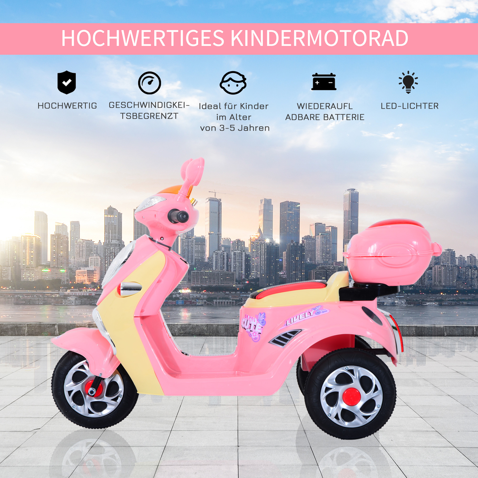 Elektro Kindermotorrad Elektromotorrad Kinderelektroauto Kinderfahrzeug Dreirad, 6V, Metall+PP, 108x51x75cm (Rosa+Gelb)