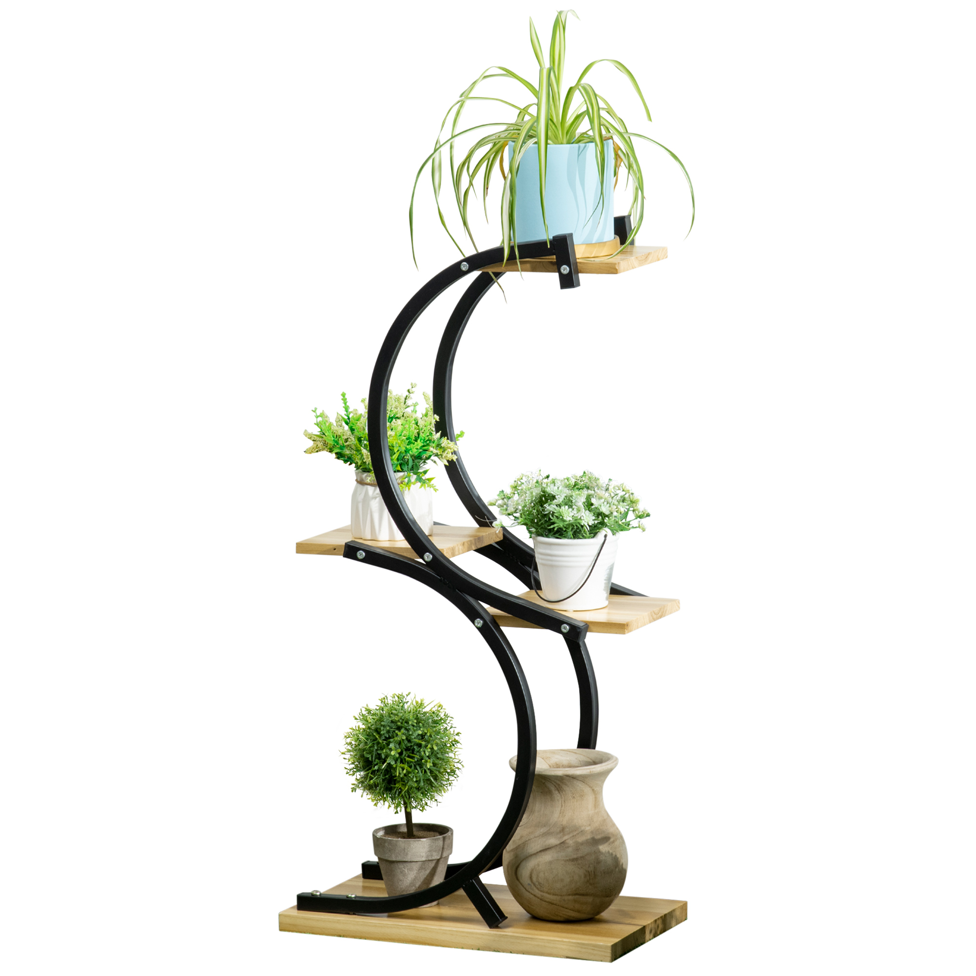 Pflanzenständer mit 4 Regalen, Massivholz, wetterbeständig, 46 cm x 25 cm x 91 cm, Schwarz + Natur
