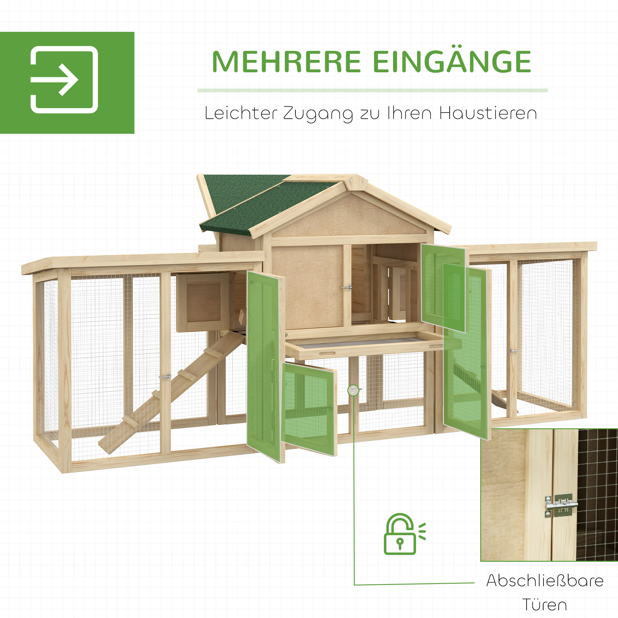 Hühnerstall mit Freigehege, inkl. Nistkasten, Rampe und Bodenwanne Tannenholz Naturholz