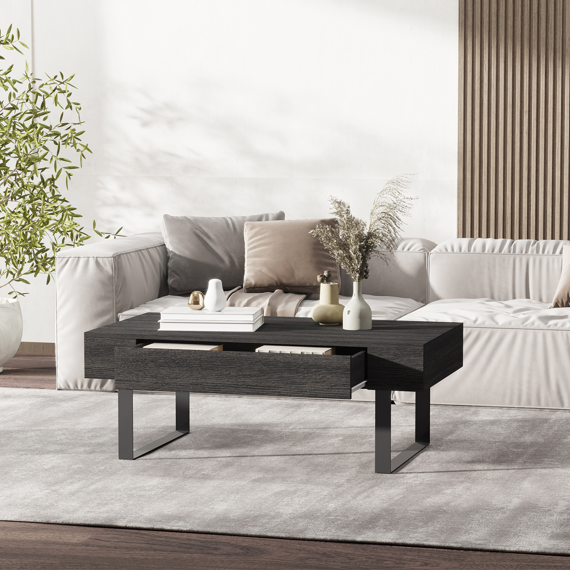 Couchtisch Wohnzimmertisch mit Schublade Modern Sofatisch mit Metallrahmen Beistelltisch Kaffeetisch für Wohnzimmer 110 x 60 x 40 cm, Dunkelgrau