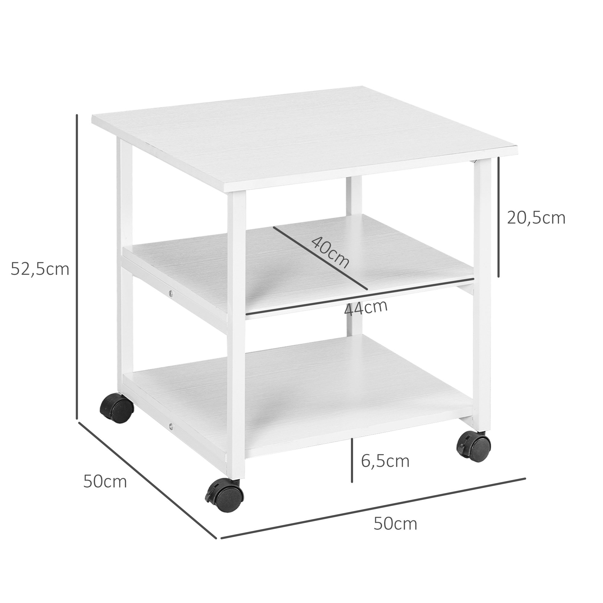 Druckertisch mit Rolle, Druckerständer mit 3-Ebene, Druckerhalter Stahl, 50 x 50 x 52,5 cm