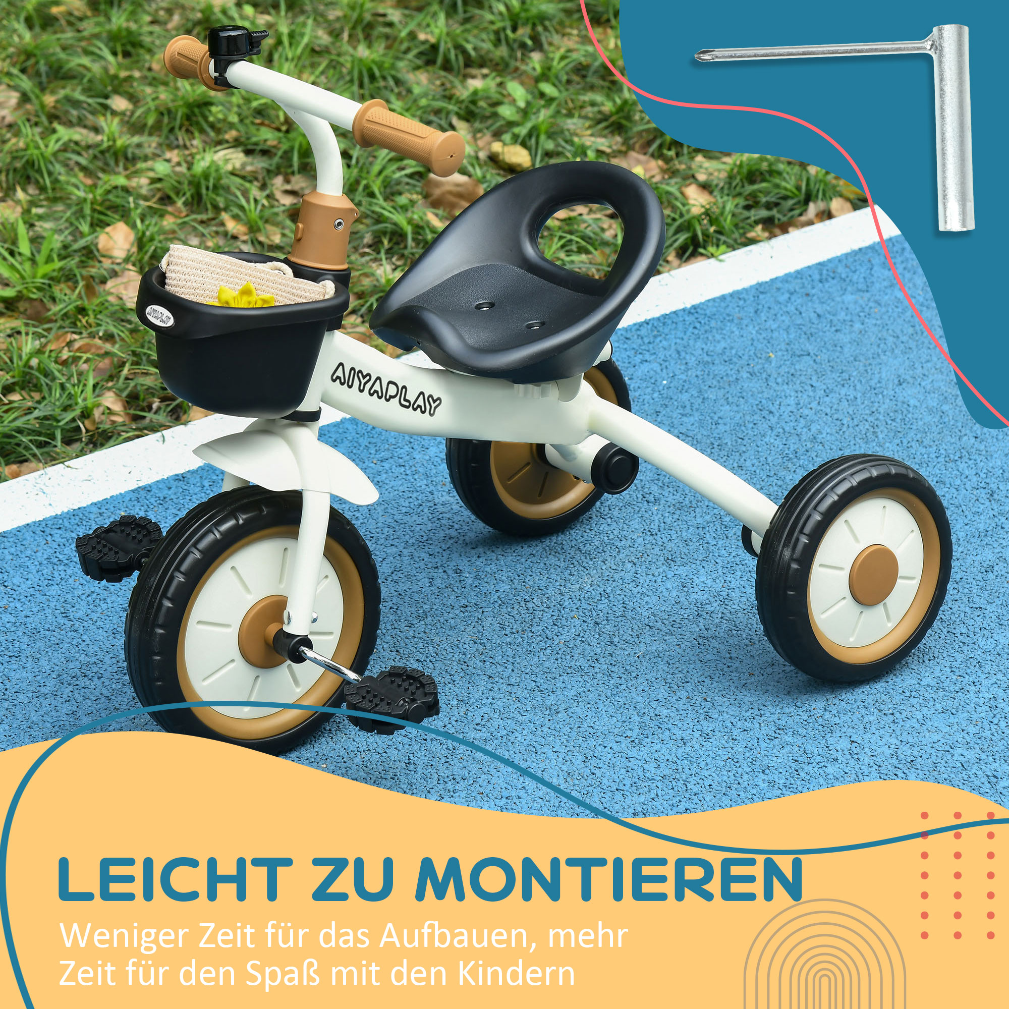 Dreirad für Kinder 2-5 Jahre, höhenverstellbarer Sitz, Klingel, Fahrradkorb, Metallrahmen, Weiß