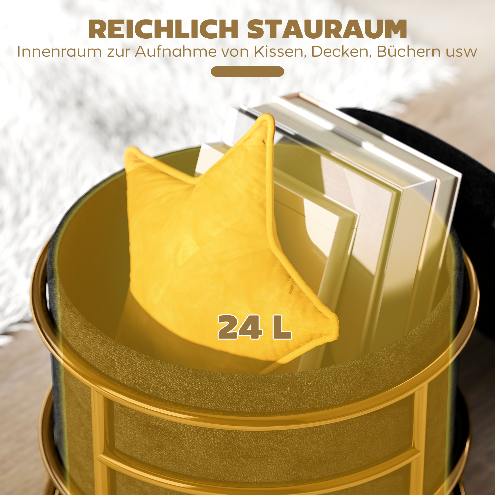 Sitzhocker mit Stauraum, gepolsterter Fußhocker, Metallrahmen, vergoldet, Schwarz