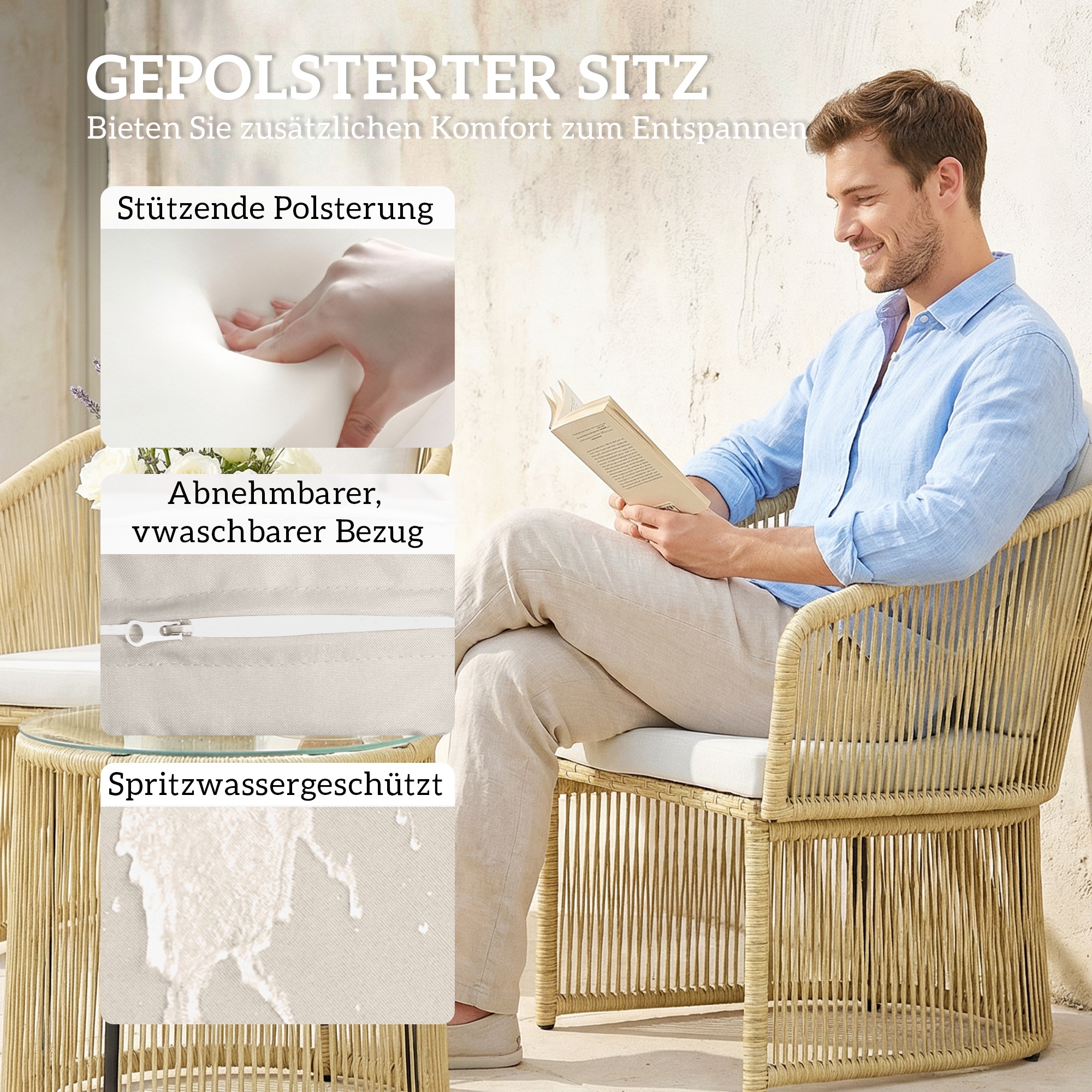 Rattan-Bistro-Set, 3-teiliges Gartenmöbel-Set mit rundem Glastisch, Sesseln und Kissen, Cremeweiß