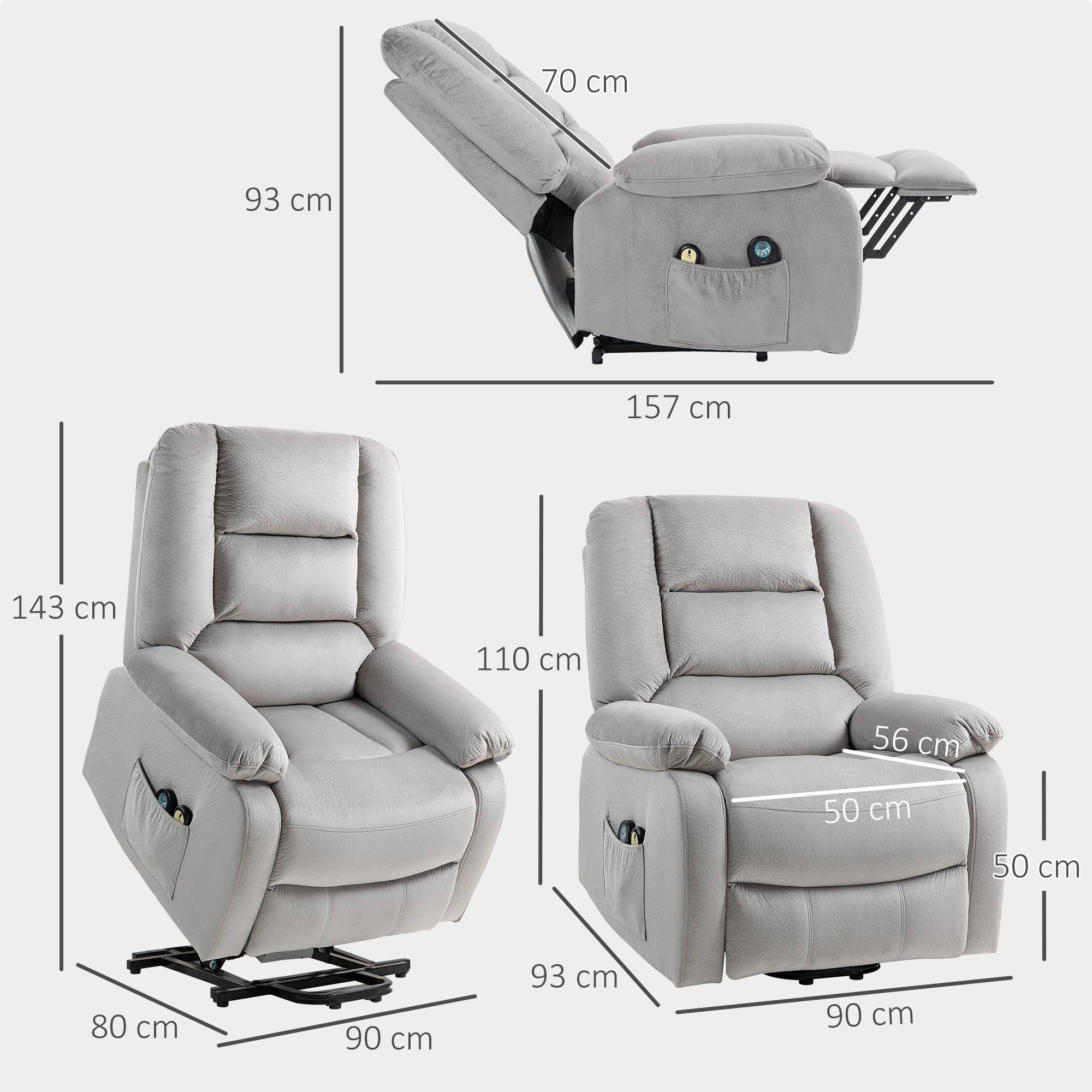 Aufstehsessel mit Massagefunktion, 90x93x110cm, Hellgrau