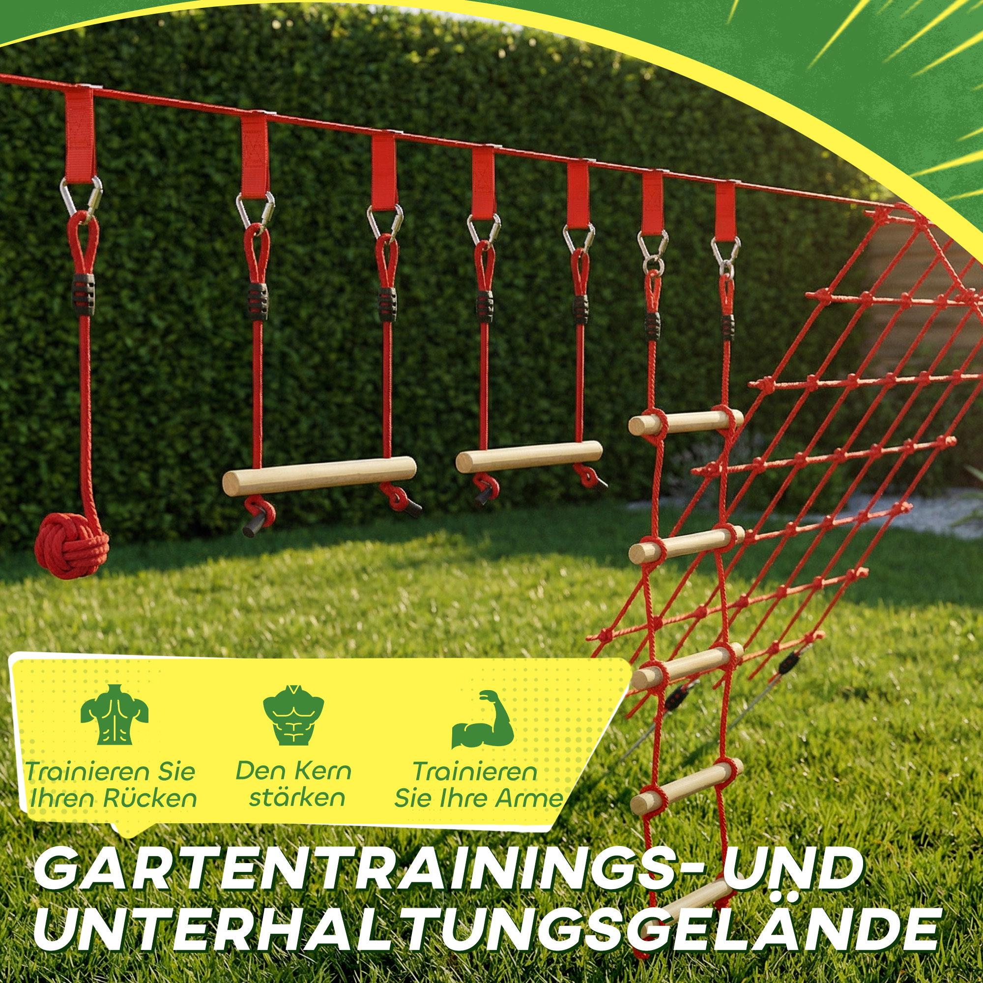 Ninja Line Kinder 10m Slackline Set mit Turnringe Schaukel Kletterleiter Kletternetz für 3-6 Jahre 1000x300x180 cm Rot