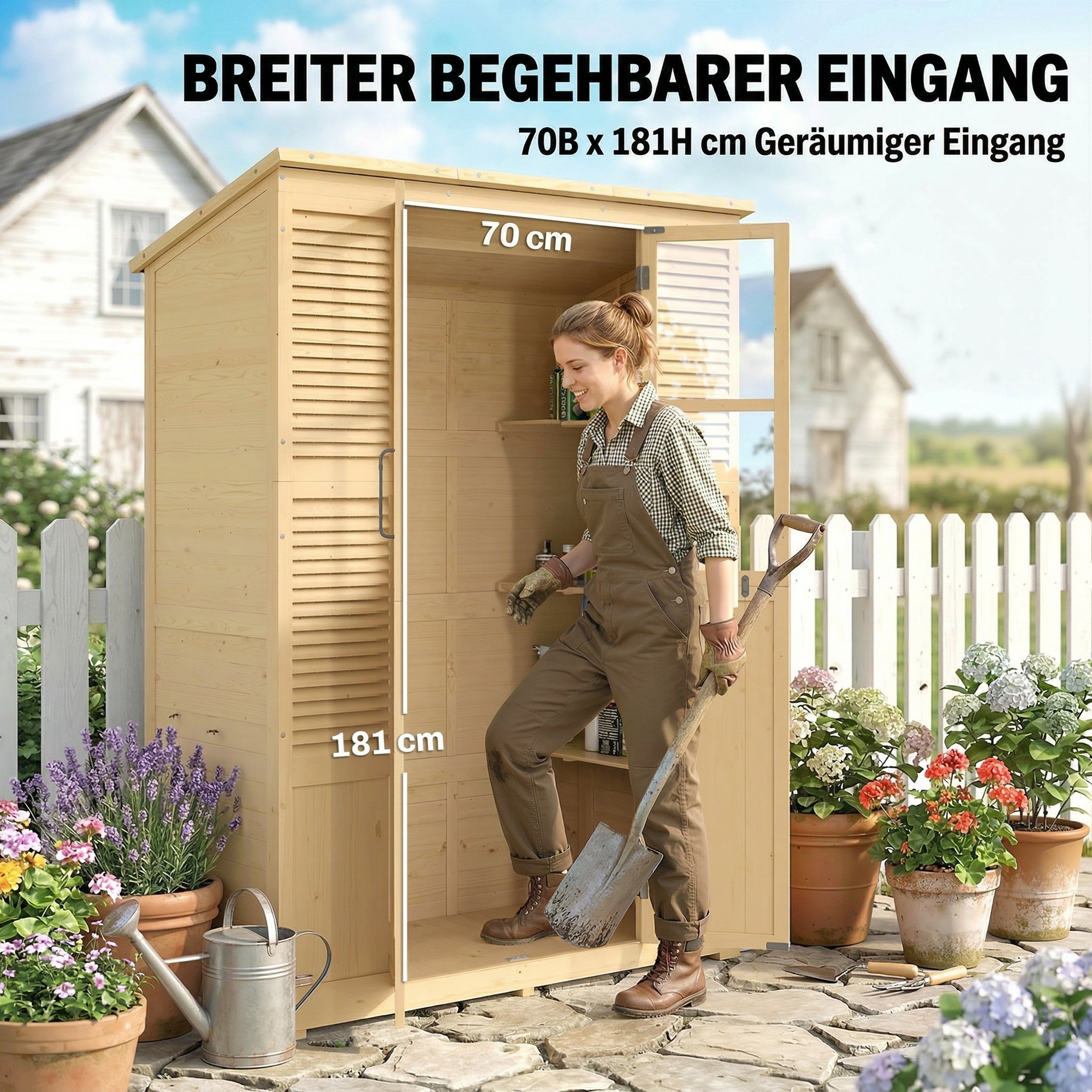 Gartenschrank Holz Begehbarer Geräteschuppen mit Ablage Acrylfenstern Doppeltür Asphalt-Dach Lamellenlüftung Bodenplatte