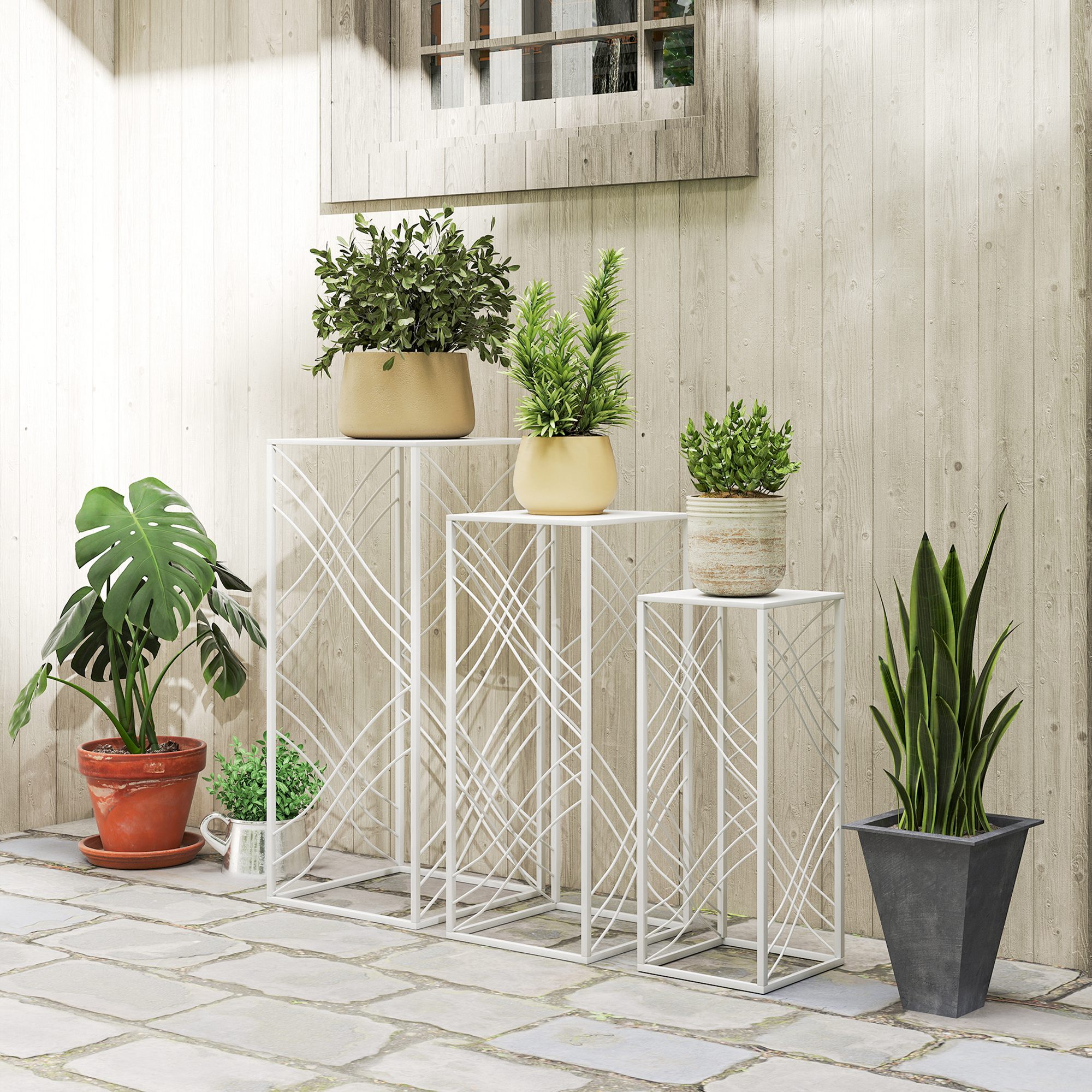 3er-Set Pflanzenständer, 50/60/70 cm hoch Blumenständer, stapelbar Pflanzenregal aus Metall Weiß