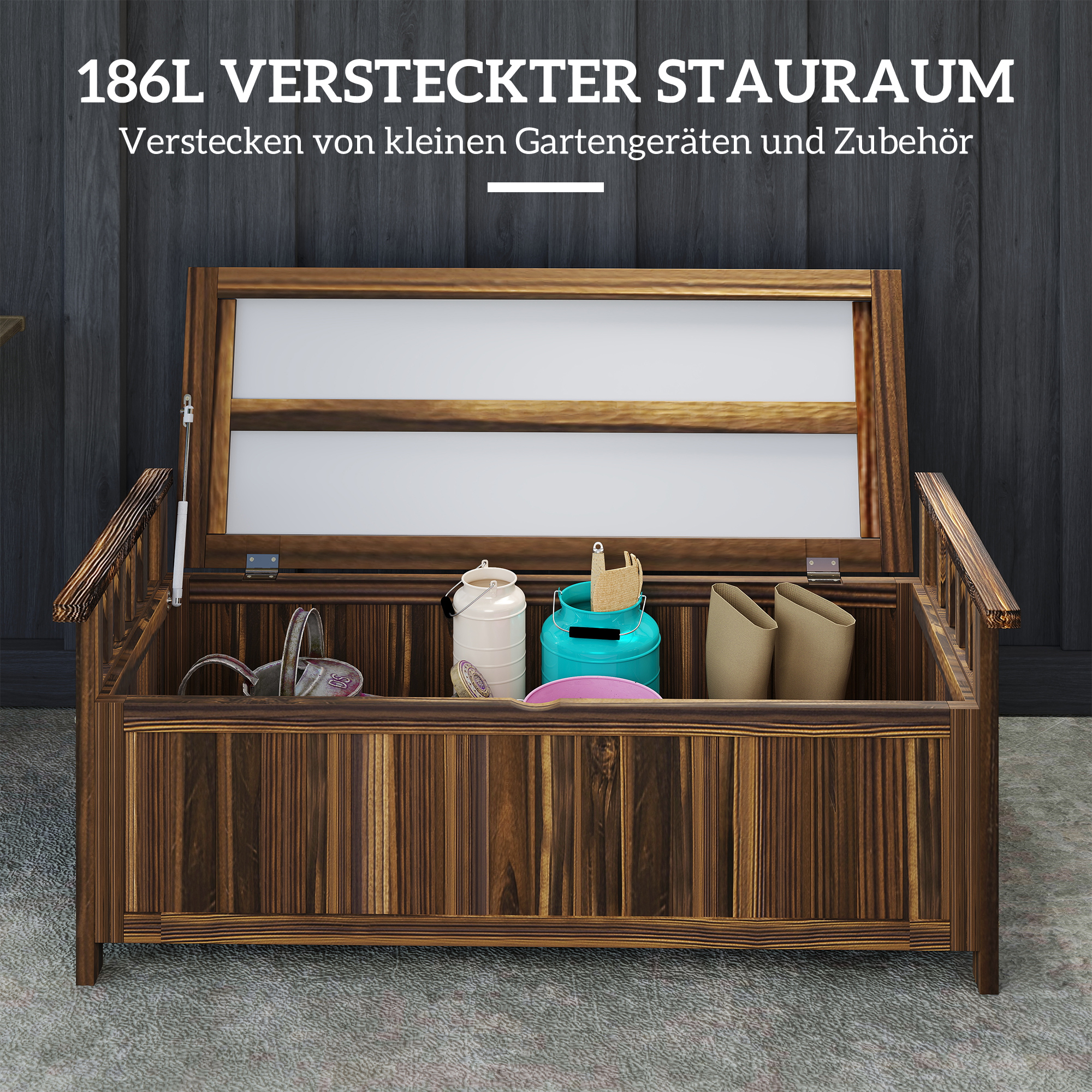 2-Sitzer Gartenbank Holz, wetterfest Sitzbank, Gartenmöbel mit Stauraum Armlehnen 128,5 x 56 x 53,5cm, Verkohlt
