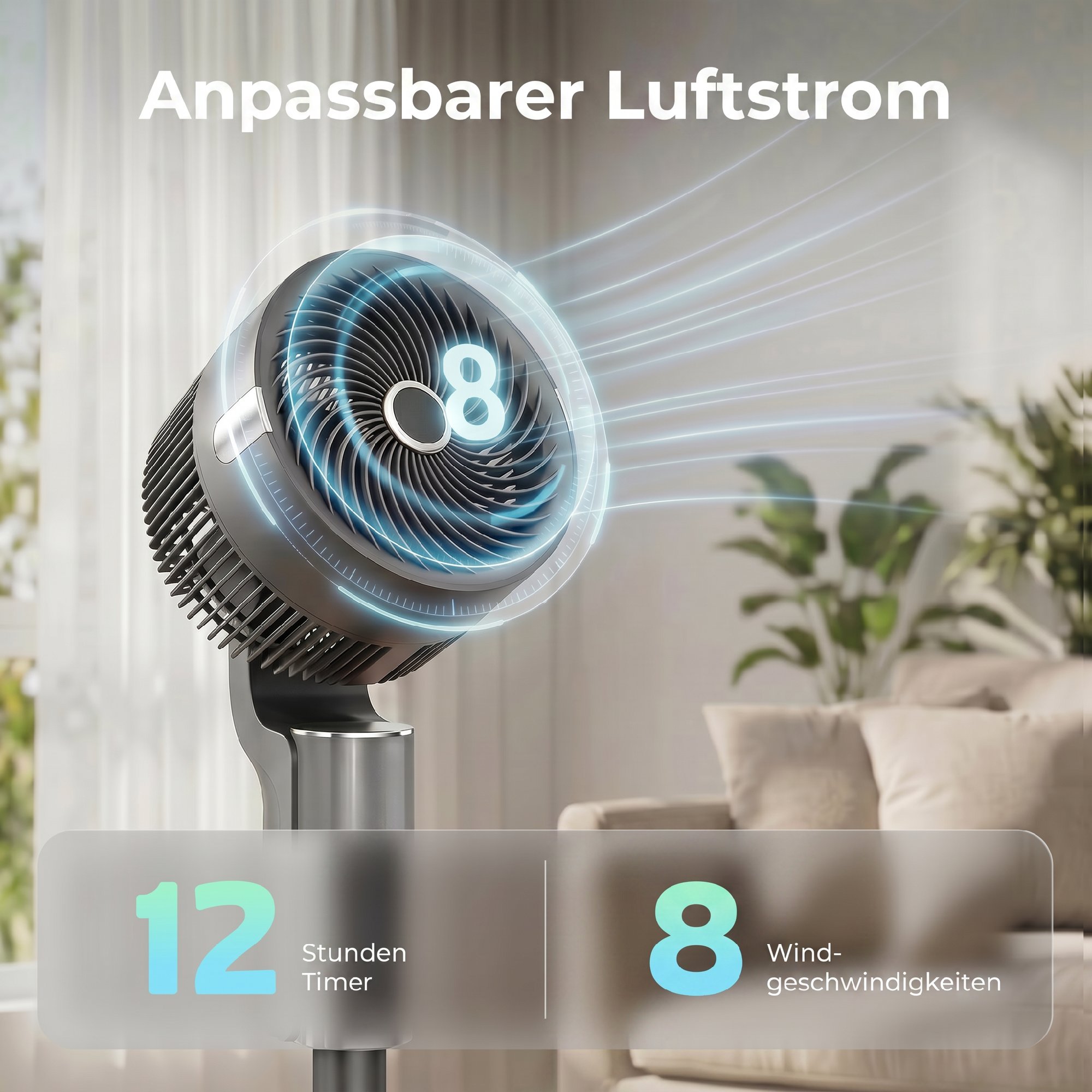 Standventilator Luftzirkulator Lüfter mit 8 Geschwindigkeitsstufen LED-Display Fernbedienung Timer 90° Oszillation Grau