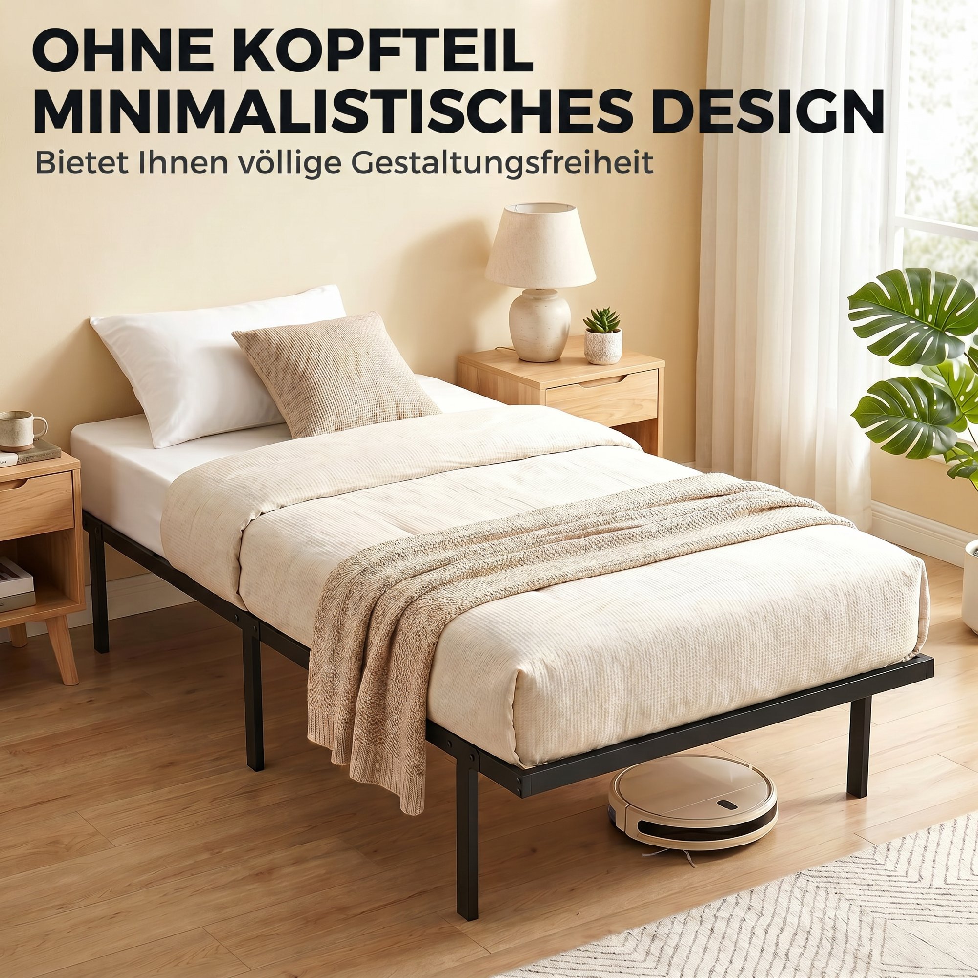 Bettgestell, 90 x 200 cm Metallbett mit Stauraum unter dem Bett, Metallgestell mit Lattenrost, kein Boxspring nötig