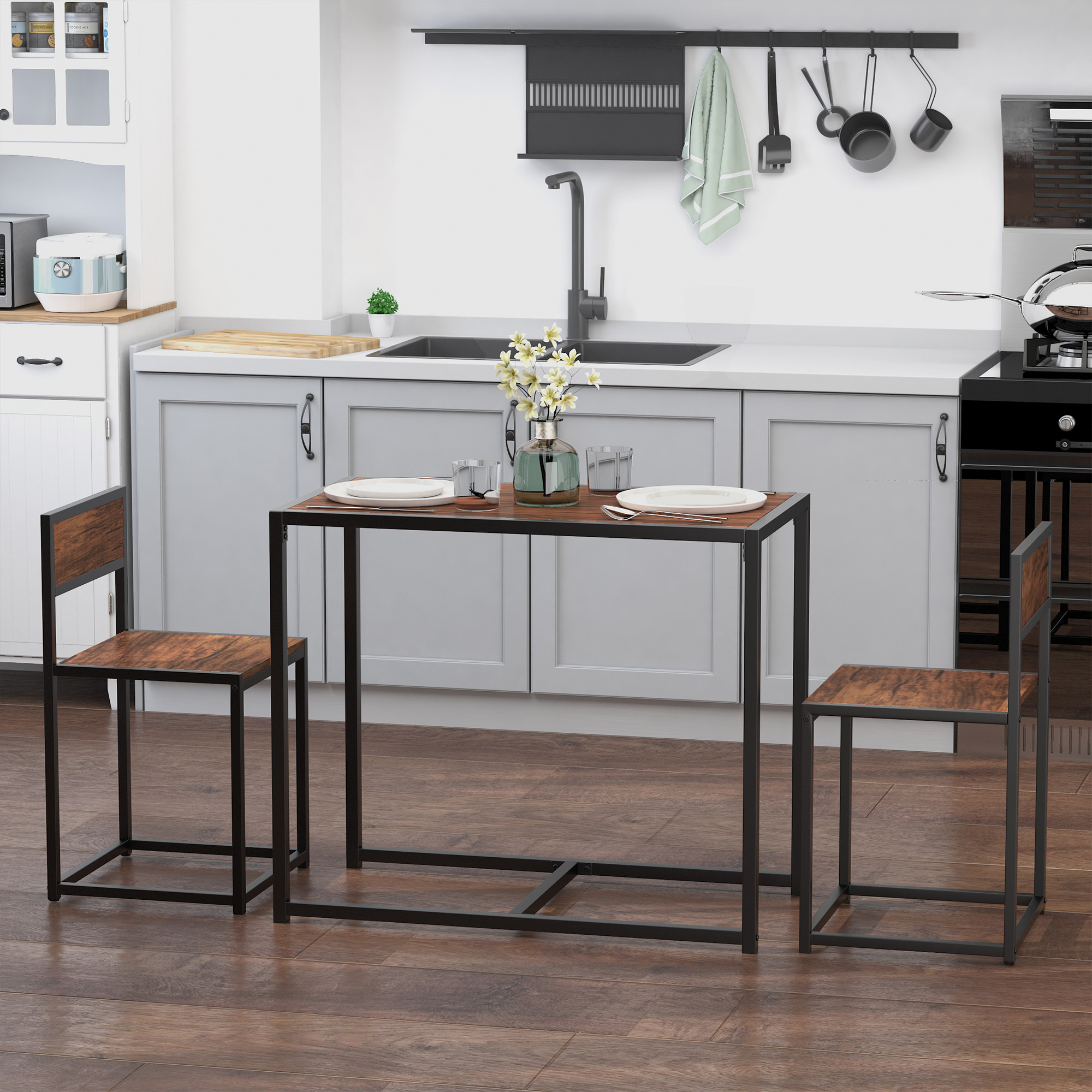 3-teiliges Bartisch-Set Hochtisch-Set 3-teilig, 2 Stühle, 1 Tisch, 90 cm x 47 cm x 76  cm, Braun + Schwarz