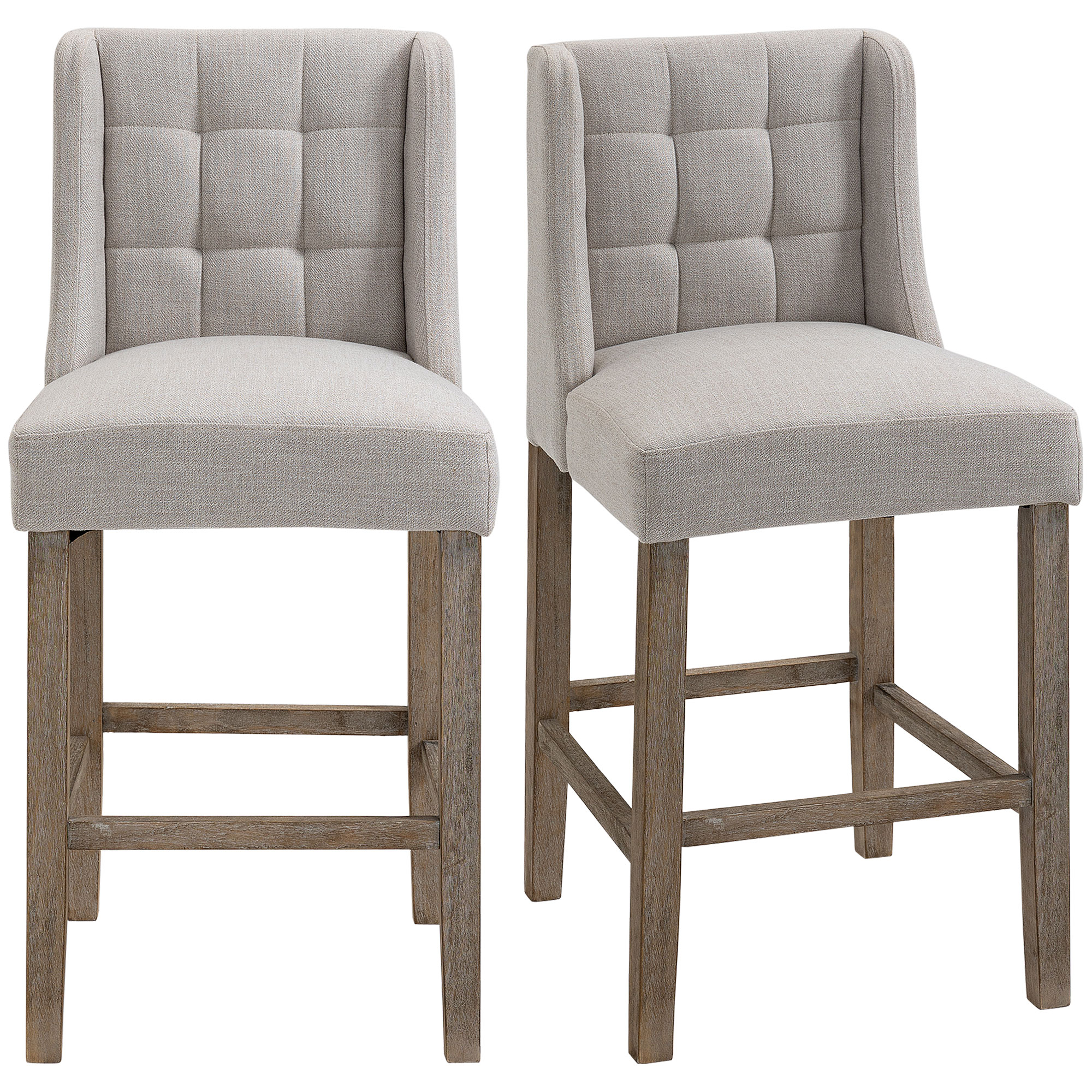 2er-Set Barhocker mit lehne Barstühle mit Knopfheftung, Massivholz, inkl. Fußstütze, 47 cm x 50 cm x 101 cm, Grau + Natur