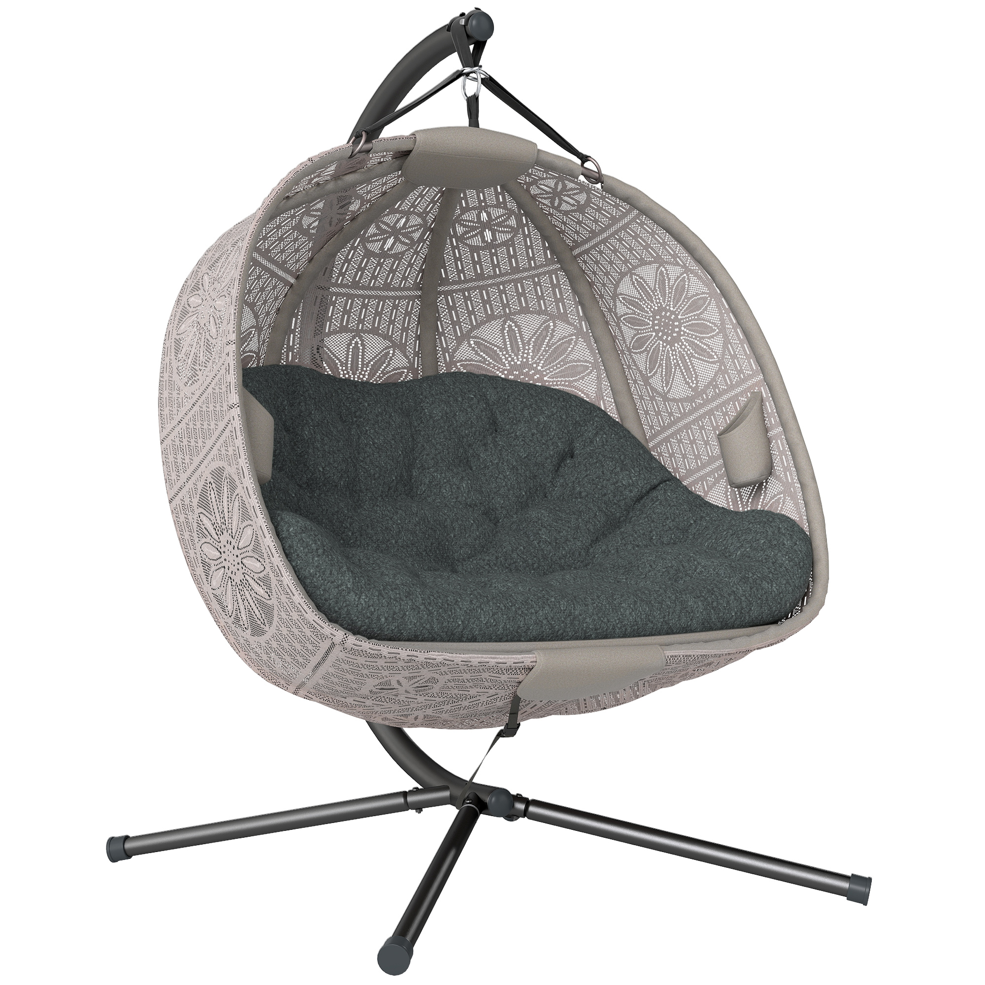 Hängesessel mit Gestell, Eiförmiger Hängeschaukel mit abnehmbarem waschbarem Kissen, Hängematte für 2 Personen, Schaukelsessel Indoor Outdoor, Sand+schwarz