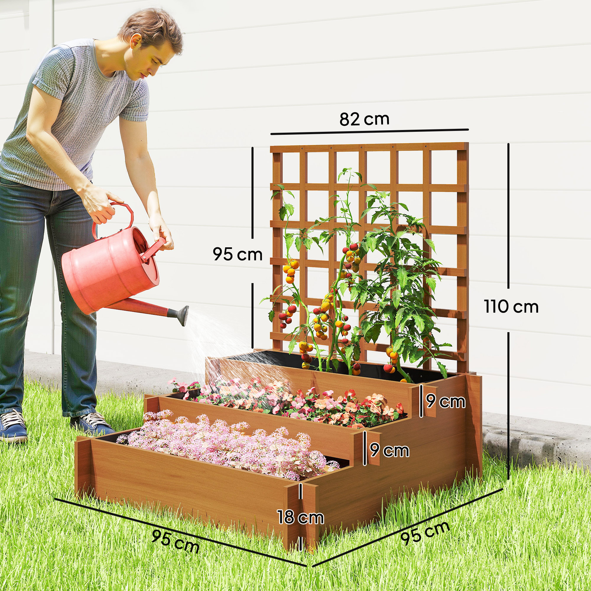 Hochbeet mit Rankhilfe, 3-stufig Blumenkasten mit Vliesstoff Tannenholz, Braun, 95 x 95 x 110 cm