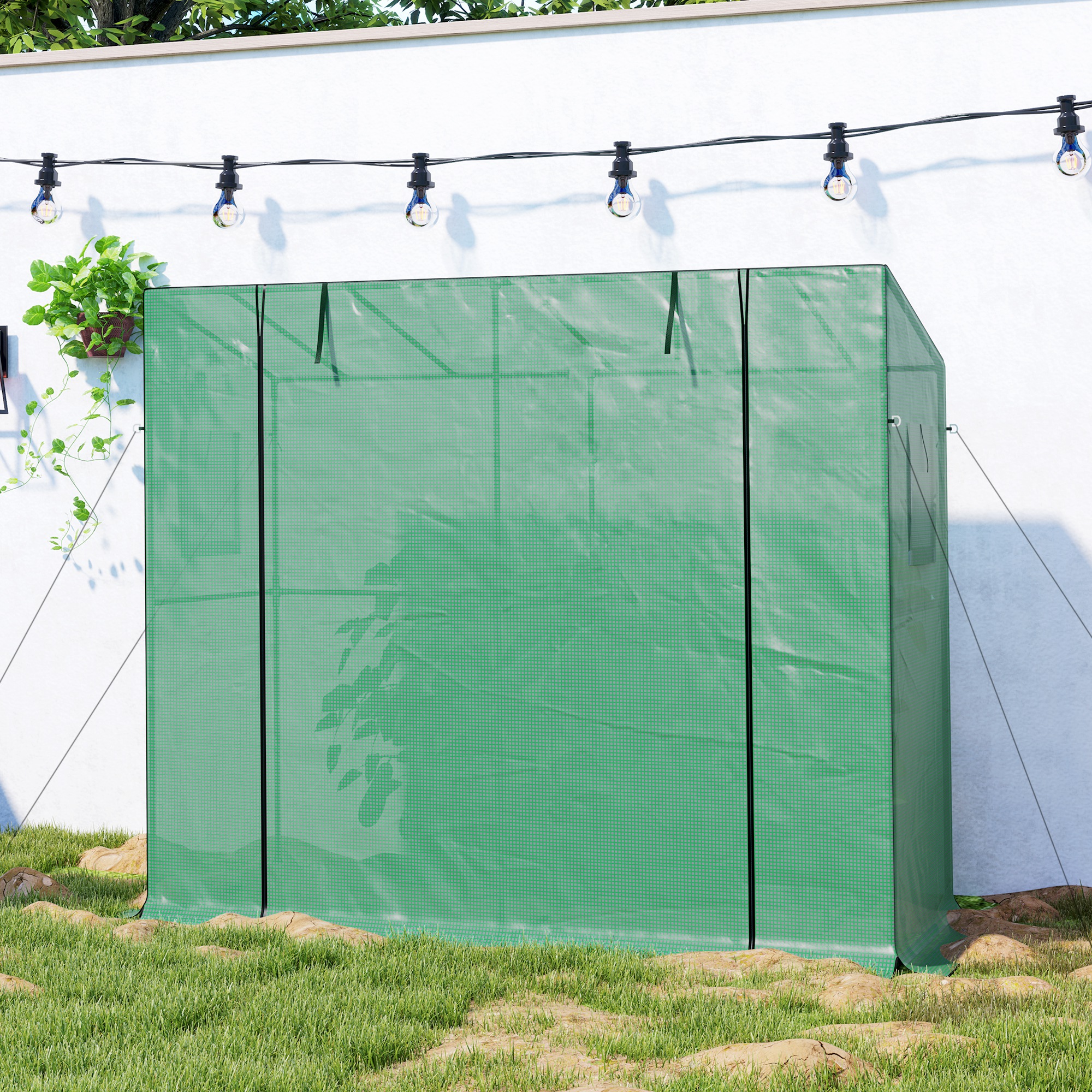 Mini-Gewächshaus, Anlehn-Gewächshaus mit Rolltür und Netzfenstern, UV-beständig, für Blumen, Setzlinge, Pflanzen, Grün
