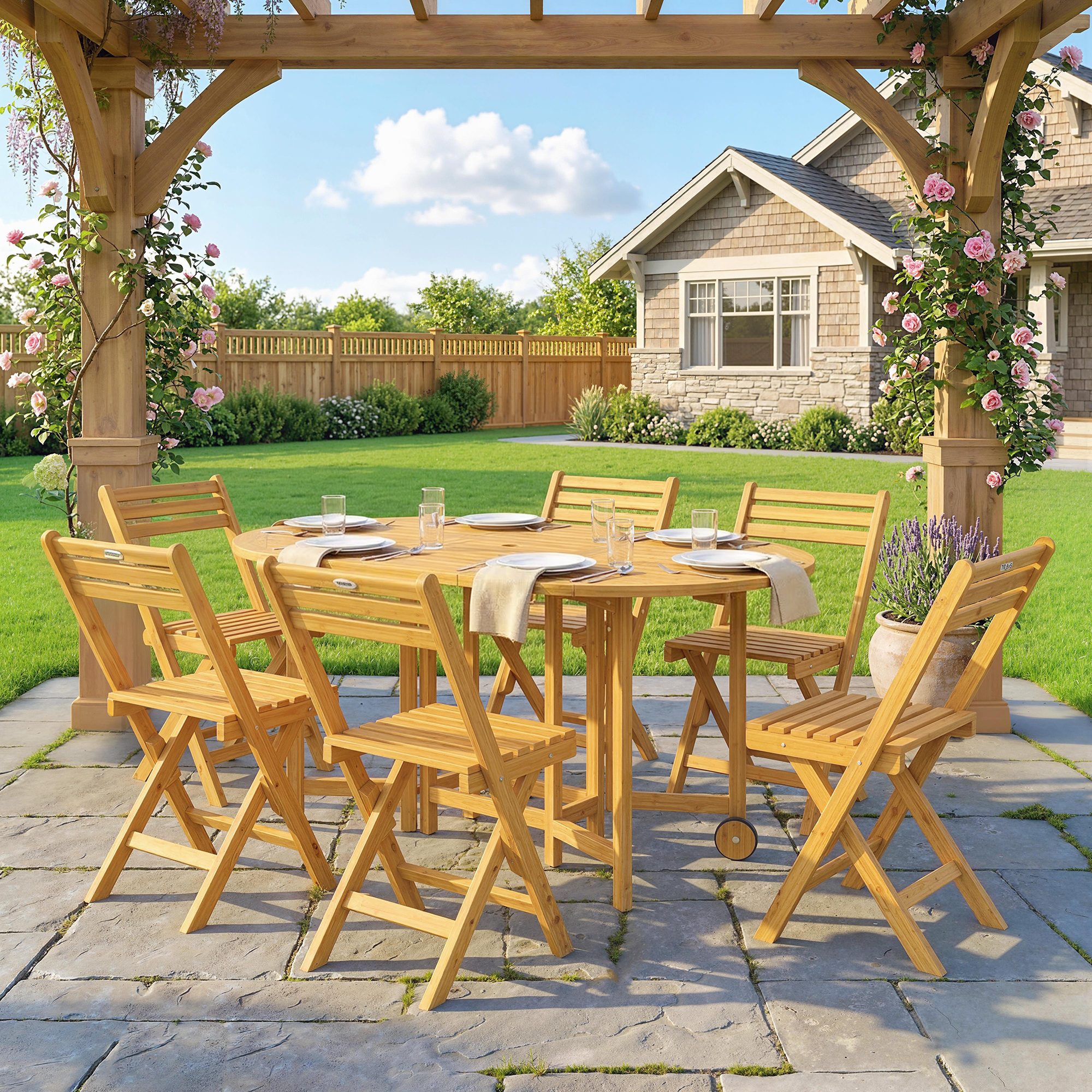 Gartenmöbel Set FSC Holz Sitzgruppe 7-teilig Klappbar Tisch mit 6 Klappstühlen Schirmloch Lamellendesign