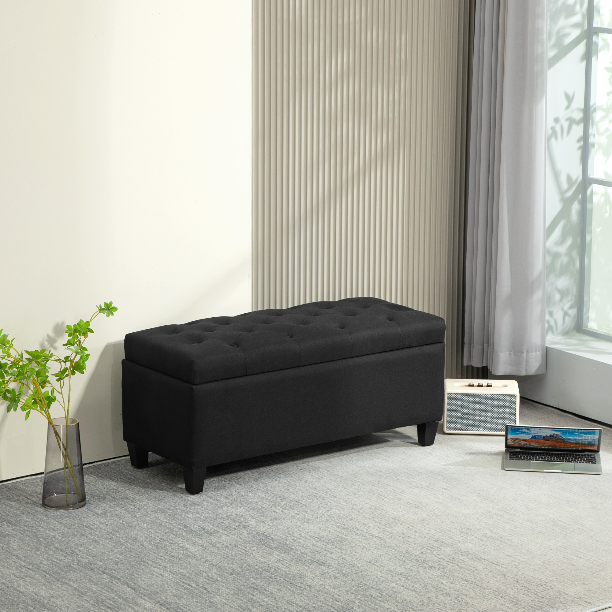 Sitzbank mit Stauraum, Truhenbank, leinenartiges Polyester, Kautschukholz, Schwarz, 100 x 40 x 44 cm
