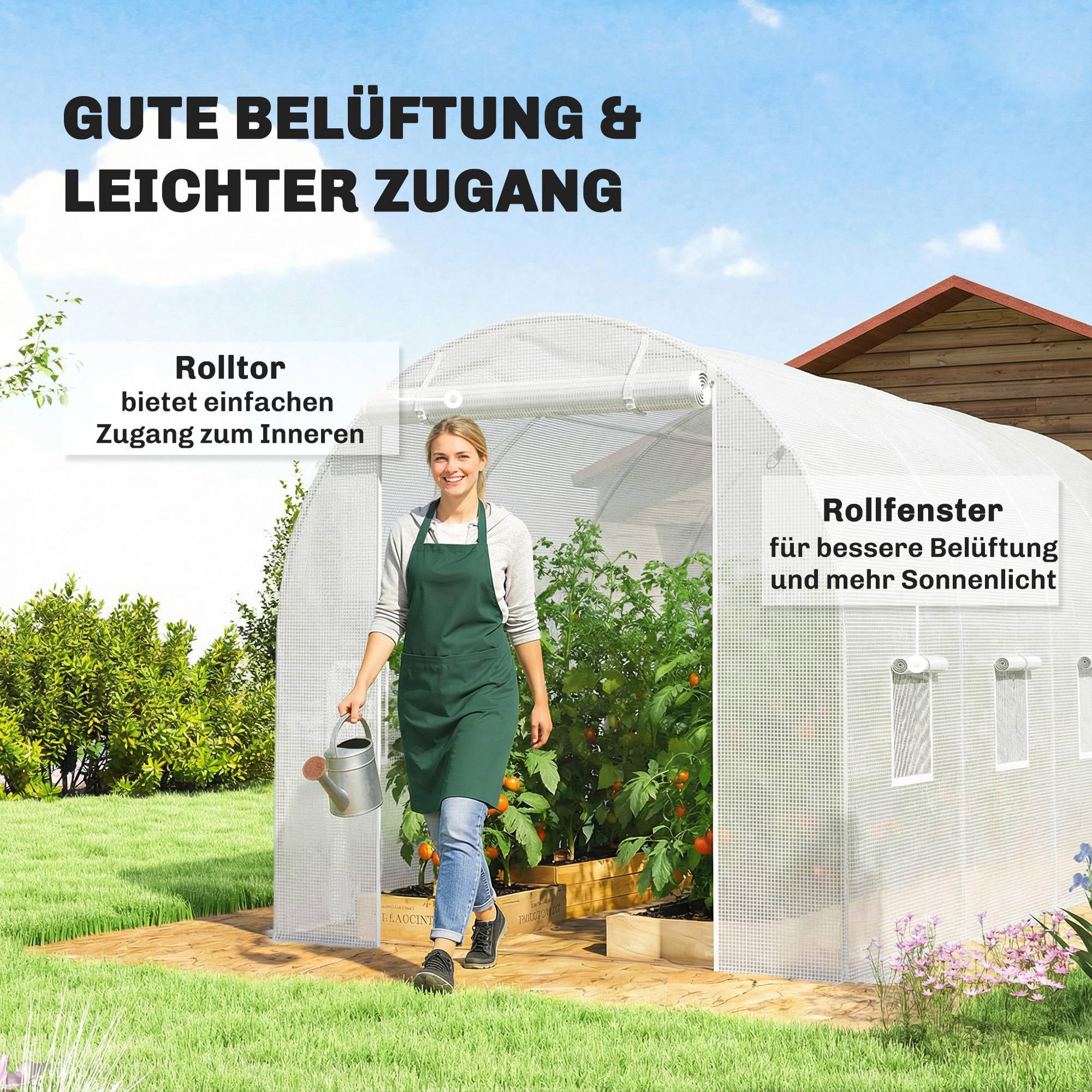 Gewächshausfolie 4 x 2 m, wasserdicht Gartenfolie mit Tür, 8 Fenster, UV Schutz, Reißfest Polyethylen Weiß