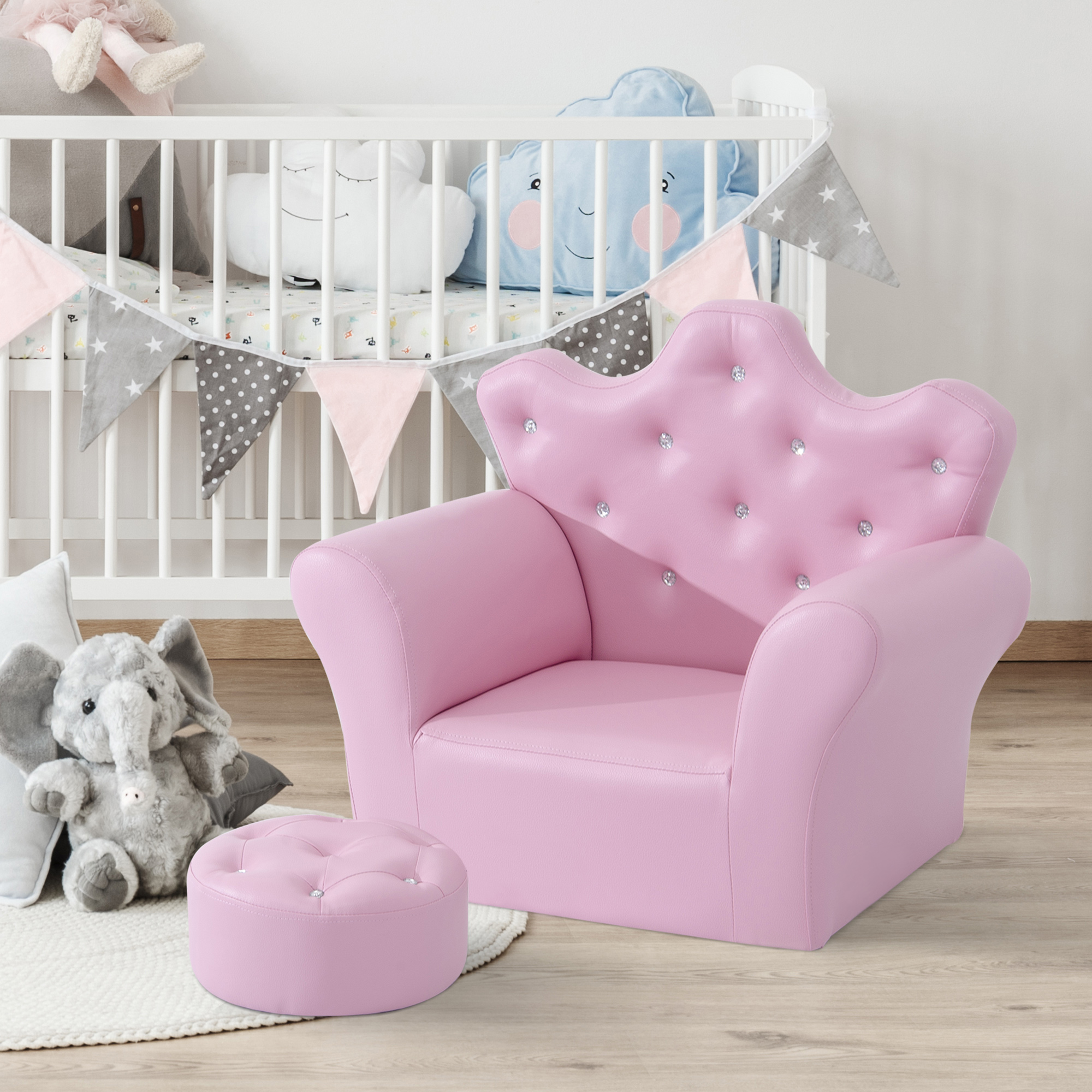 Spielsofa für Kinder, Kindersofa mit Ottomane, Kindercouch Prinzessinnen Spielsofa Kindercouch Mini Couch für Kuschelecke, Kinderzimmer, Spielzimmer, Schlafzimmer, Rosa