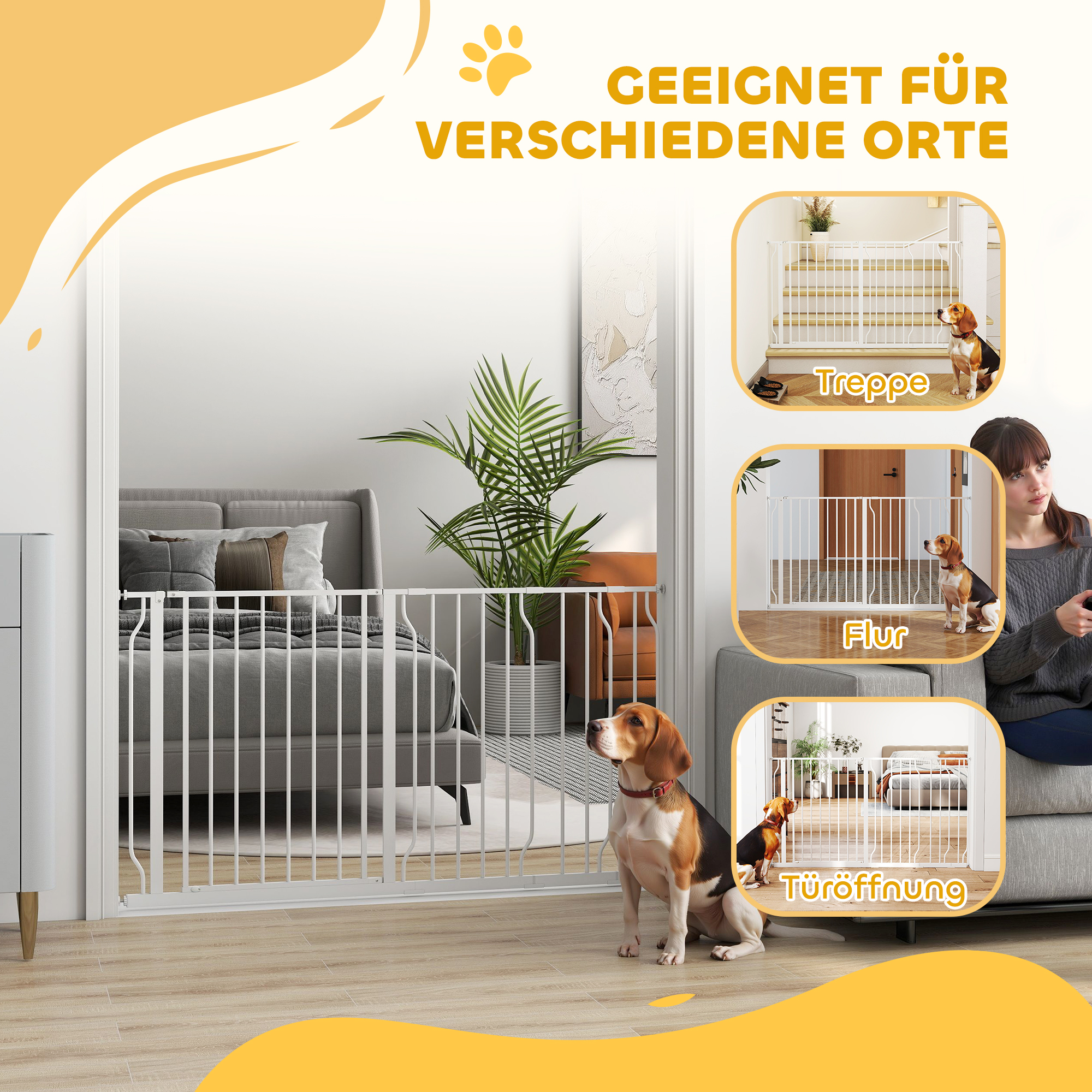 Hunde-Türabsperrung, längenverstellbar 75-145cm, Montage ohne Bohren, Stahlrahmen, Weiß
