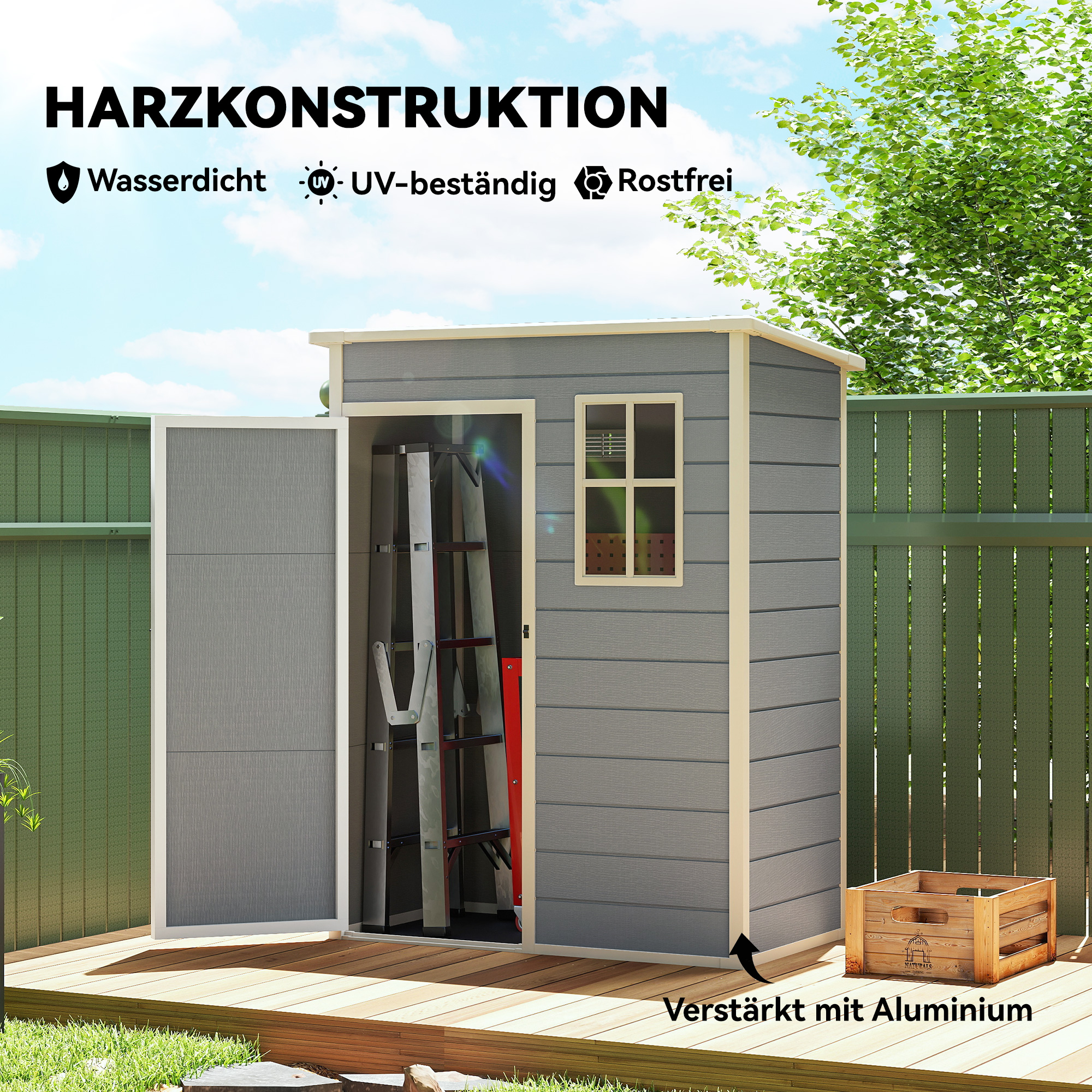 Gerätehaus Kunststoff 1,14m² 151 x 92 x 193cm Geräteschuppen mit Pultdach Boden Fenster Grau