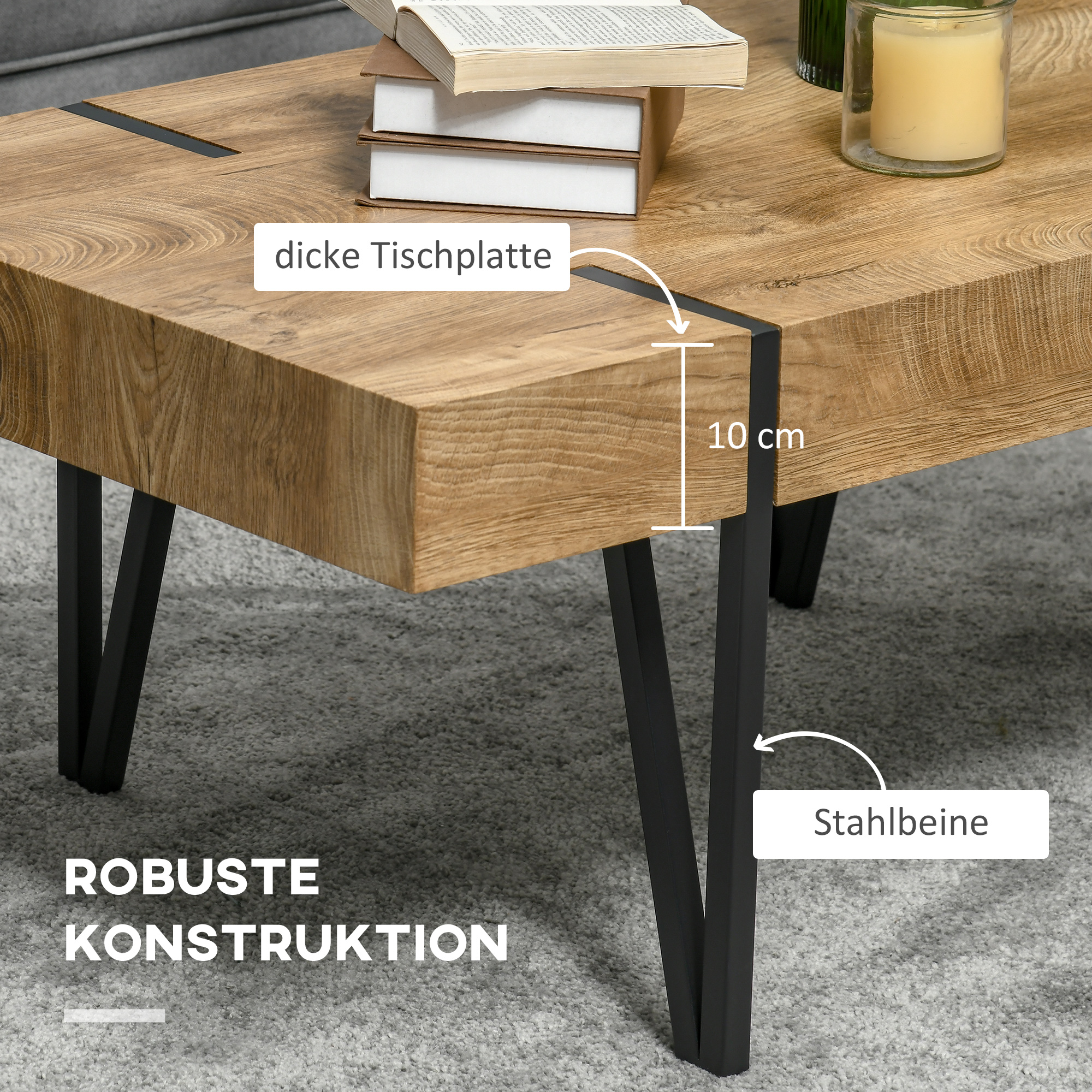 Couchtisch im Industriedesign 105 cm x 60 cm x 42 cm Schwarz + Braun