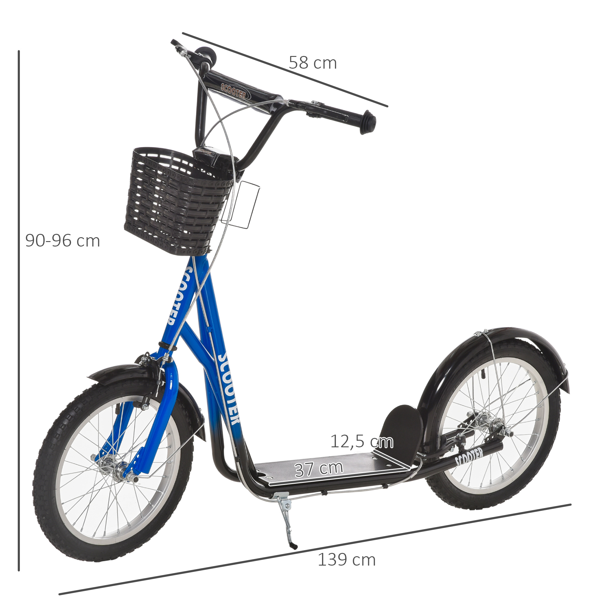 Kinderroller, Scooter mit Bremse, inkl. Korb, höhenverstellbar, für Kinder 5-12 J., blau+schwarz