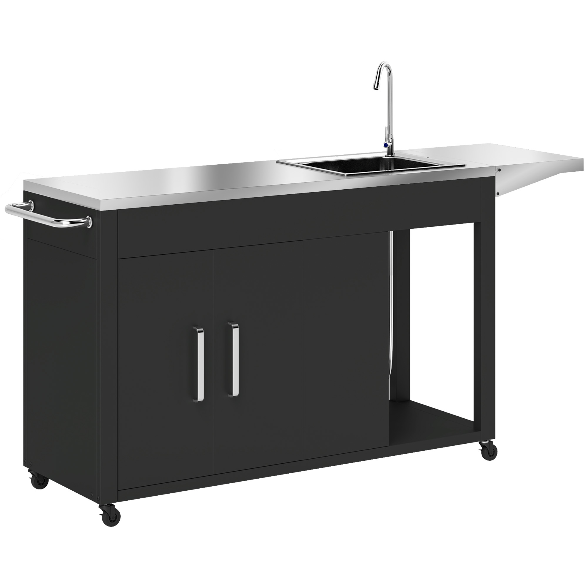 Grillwagen Servierwagen mit Arbeitsfläche Seitenblatt Schrank Spüle Räder, Edelstahl 162,5x47x87cm Schwarz