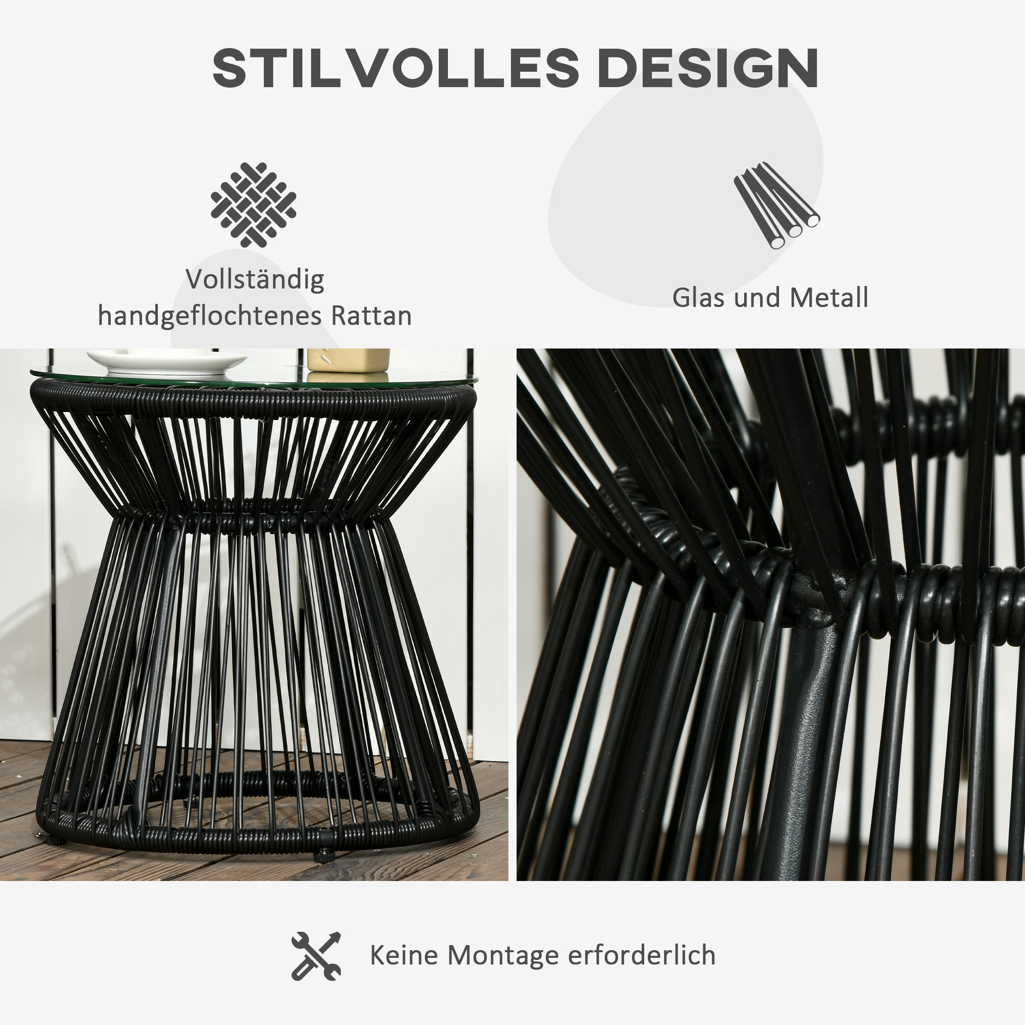 Gartentisch im Boho-Stil, wetterbeständig, PE-Rattan, 40 cm x 40 cm x 42 cm, Schwarz