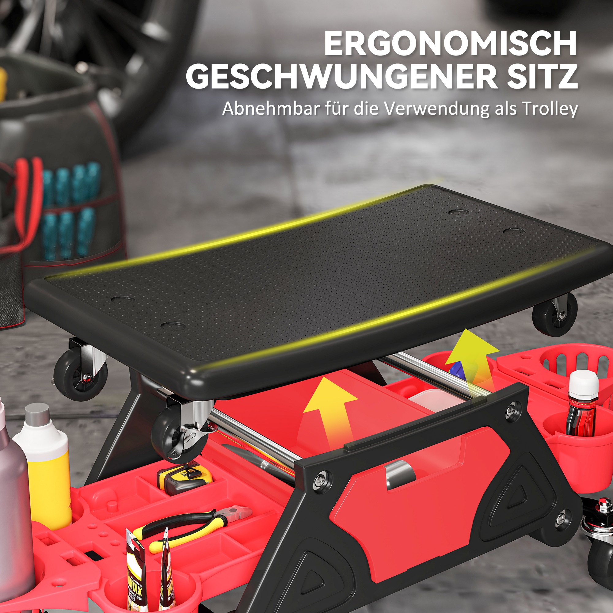 Werkstatthocker mit Rollen abnehmbar Sitz, Ablagefläche, 33cm hoch Rollhocker bis 135 kg belastbar Rot