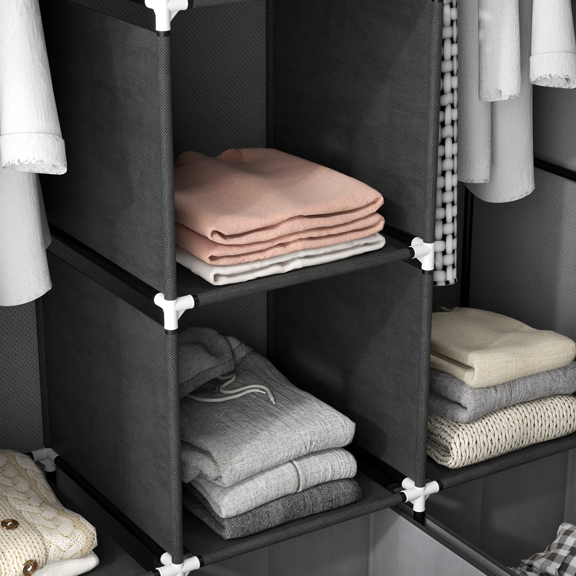 Stoffschrank aus Vlies, Faltschrank, inkl. 3 Schubladen, 125 cm x 43 cm x 162,5 cm, Grau