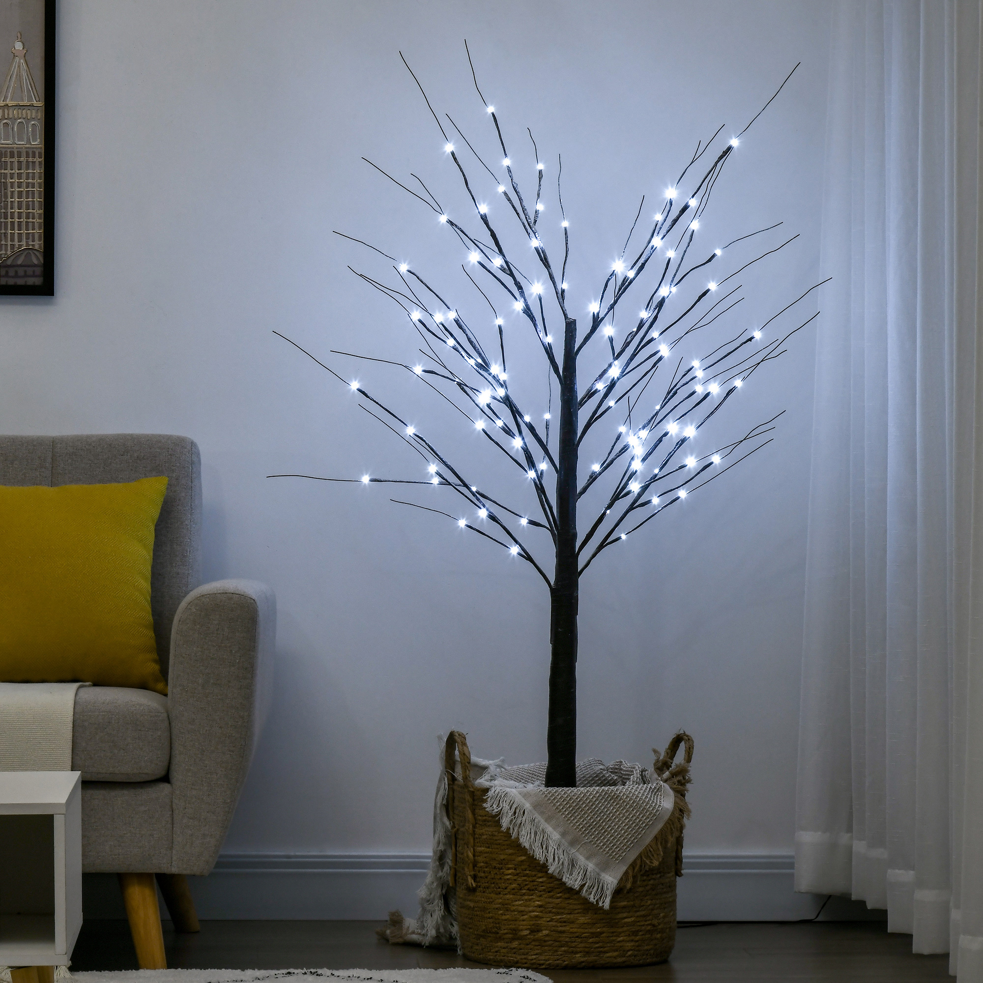 künstliche Birke mit LED-Beleuchtung, 96 kaltweiße Mikro-LEDs, 150 cm, Braun