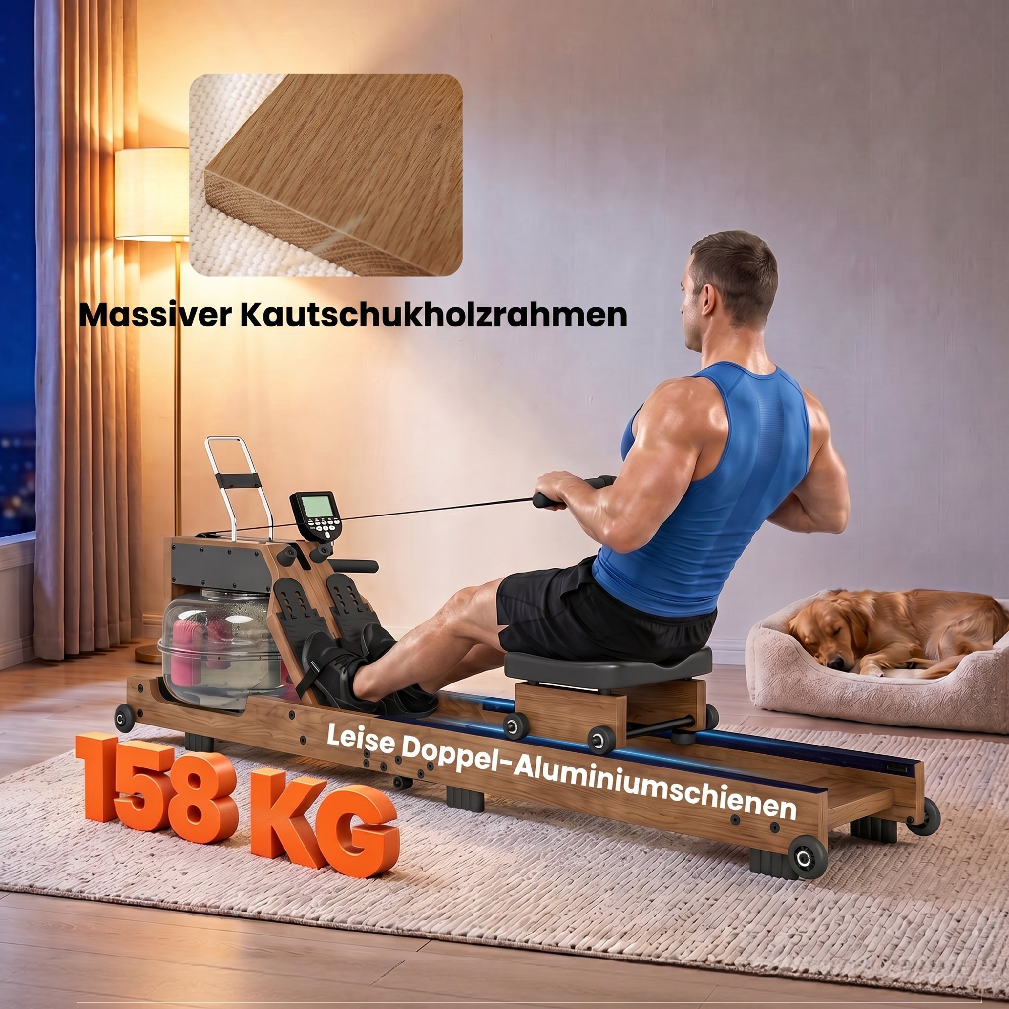 Wasser Rudergerät für Zuhause Gummiholz Klappbar mit Bluetooth APP Doppel-Aluminiumschienen LCD Display bis 158 kg