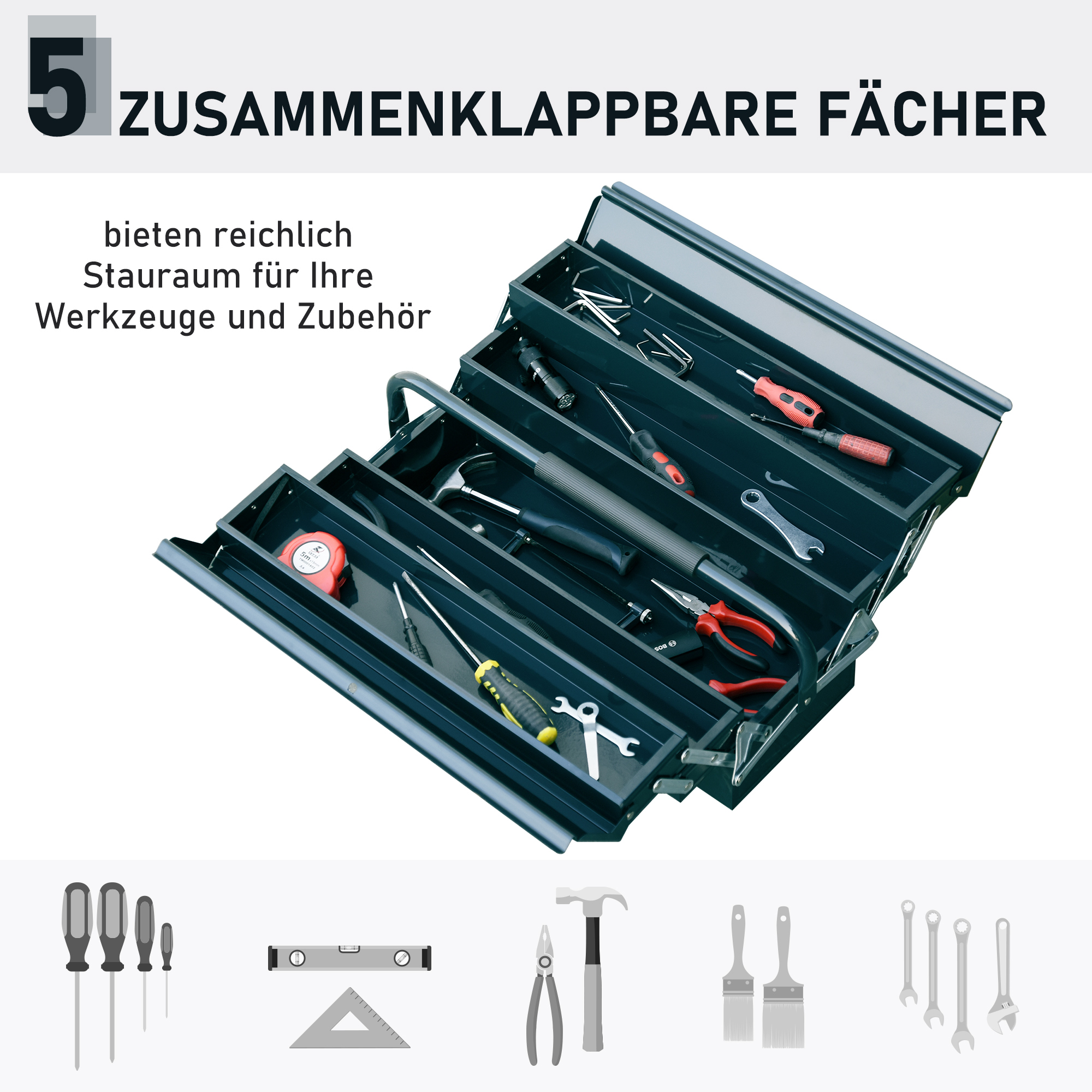 Werkzeugkasten Werkzeugkoffer Montage Werkzeugkiste leer platzsparend mit 5 Fächer aufklappbar stabil Stahl (SPCC) Dunkelgrün 45 x 20 x 34,5 cm