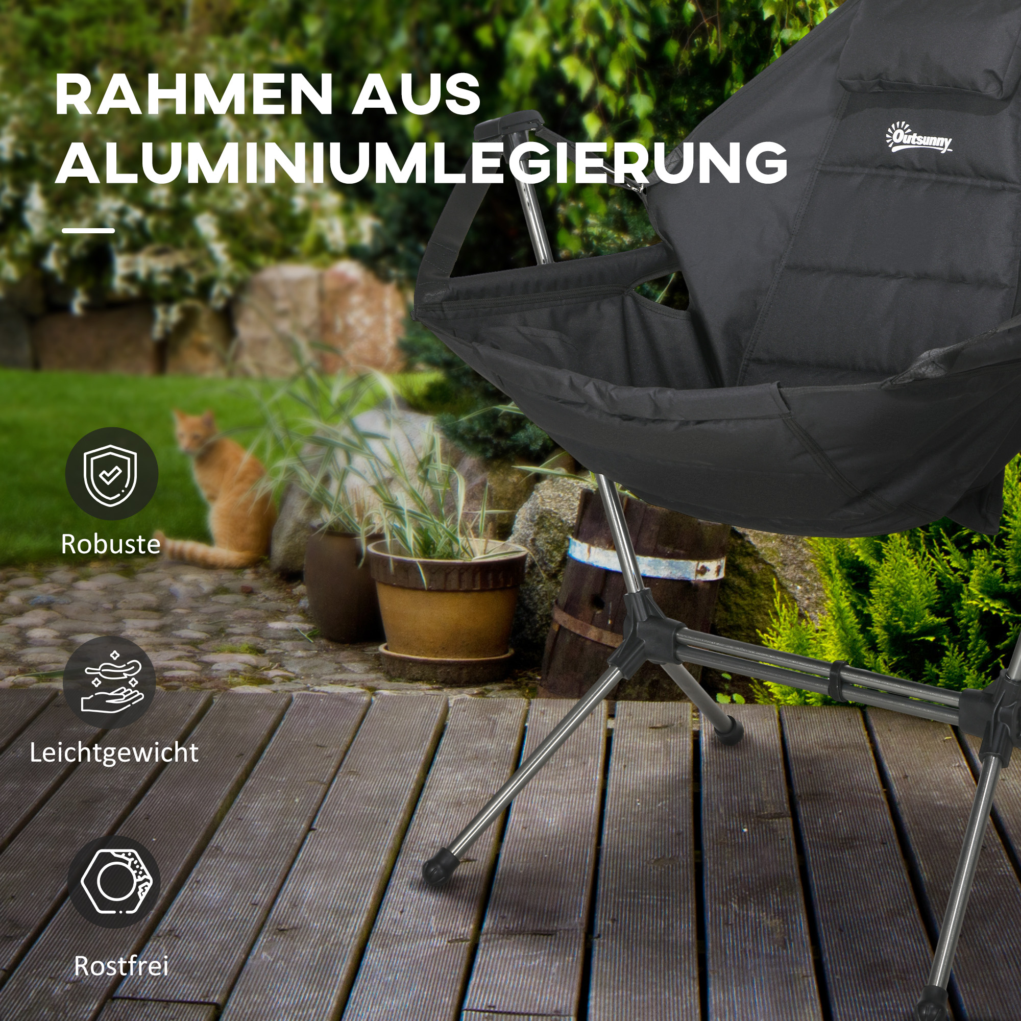 Camping-Schaukelstuhl, faltbar, verstellbare Rückenlehne, Aluminiumrahmen, 54 x 100 x 101cm, Schwarz