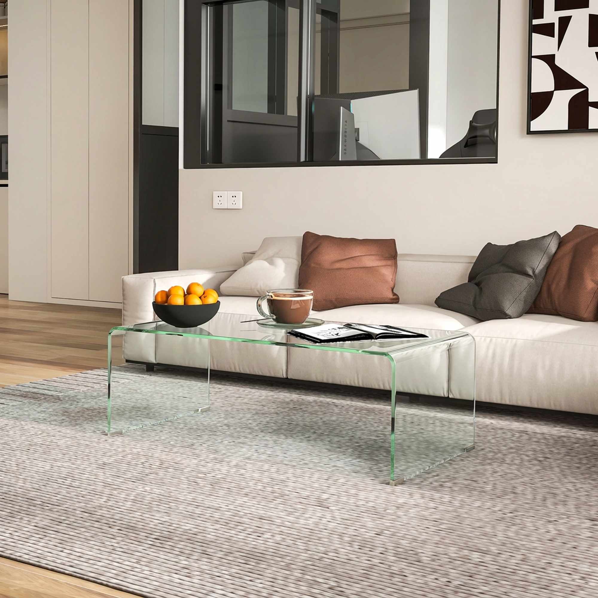 Stabiler Couchtisch aus Glas, einteiliges Design, schlicht und modern, 100 x 50 x 35 cm, Transparent