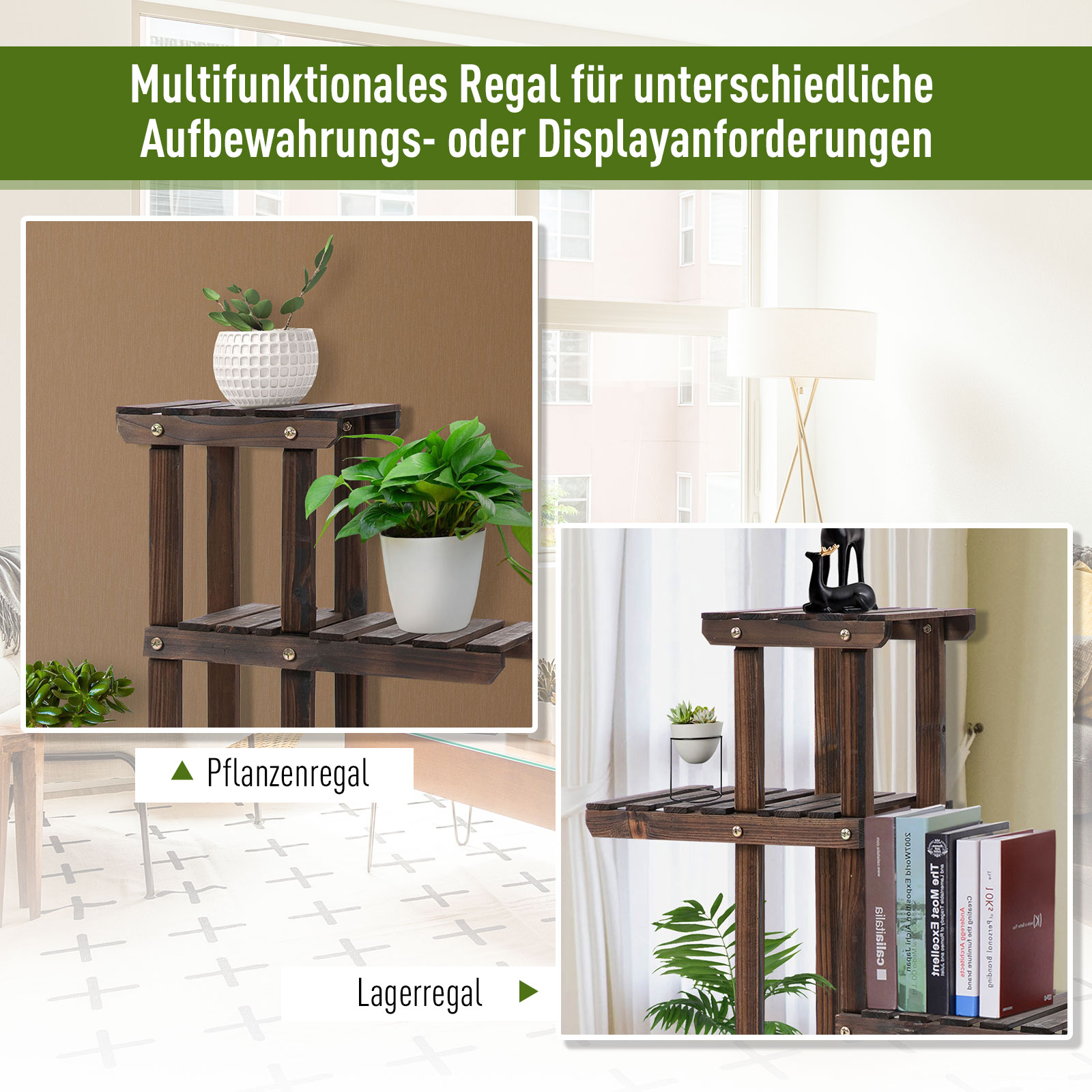 Blumentreppe 6 Regale 4 Rollen 123,5 cm × 33 cm × 80 cm Massivholz Braun 123,5 cm × 33 cm × 80 cm