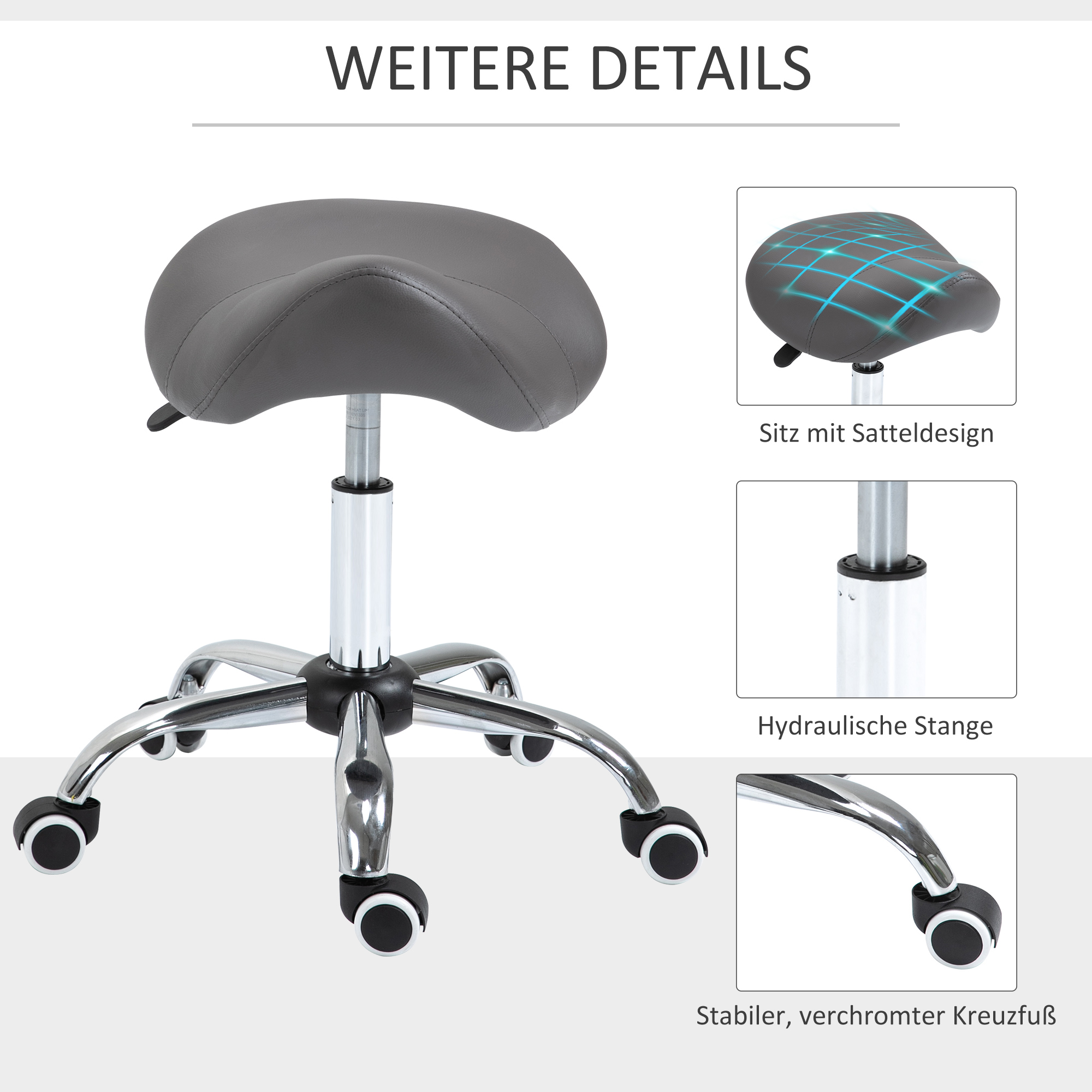 Rollhocker, sattelförmiger Sitz, höhenverstellbar, um 360° drehbar, Kunstleder, dunkelgrau, 53 x 52 x 49-61 cm
