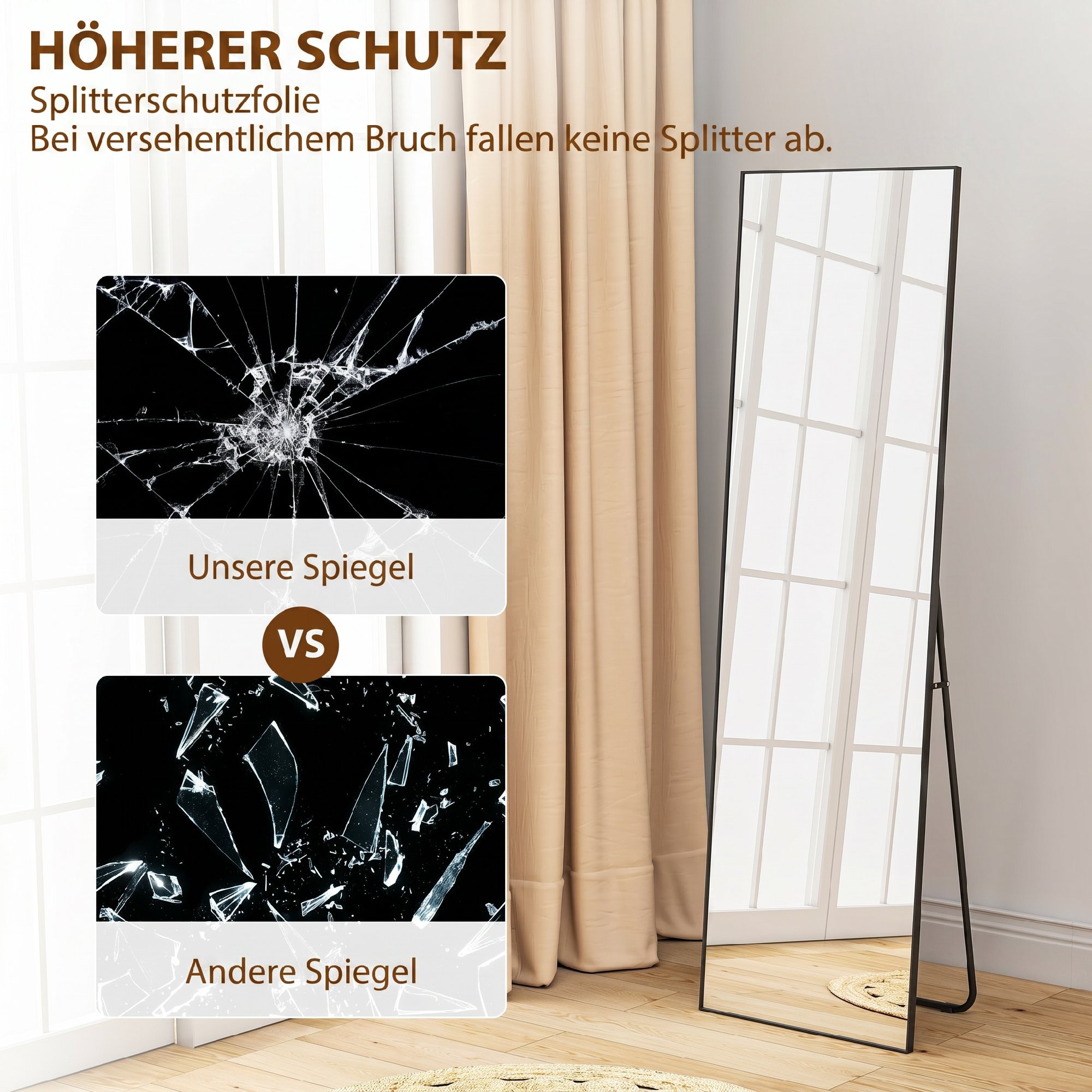 großer Standspiegel, Wandspiegel, Ganzkörperspiegel, 161,5 cm, Silber