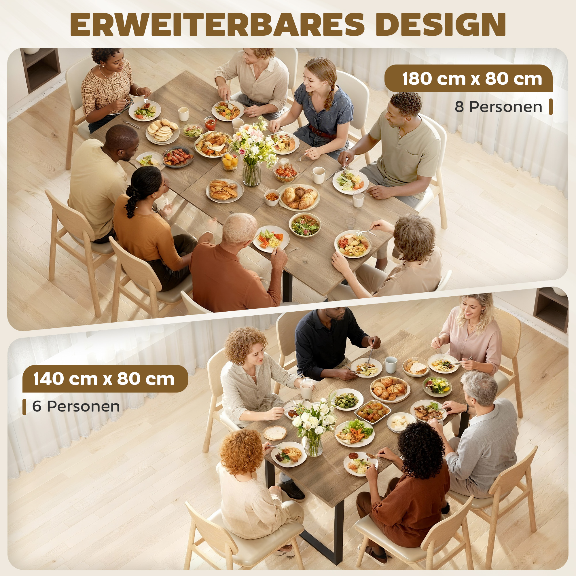Ausziehbarer Esstisch für 6-8 Personen, 140-180 cm, rechteckiger Küchentisch mit Stahlbasis, Naturholz+Schwarz