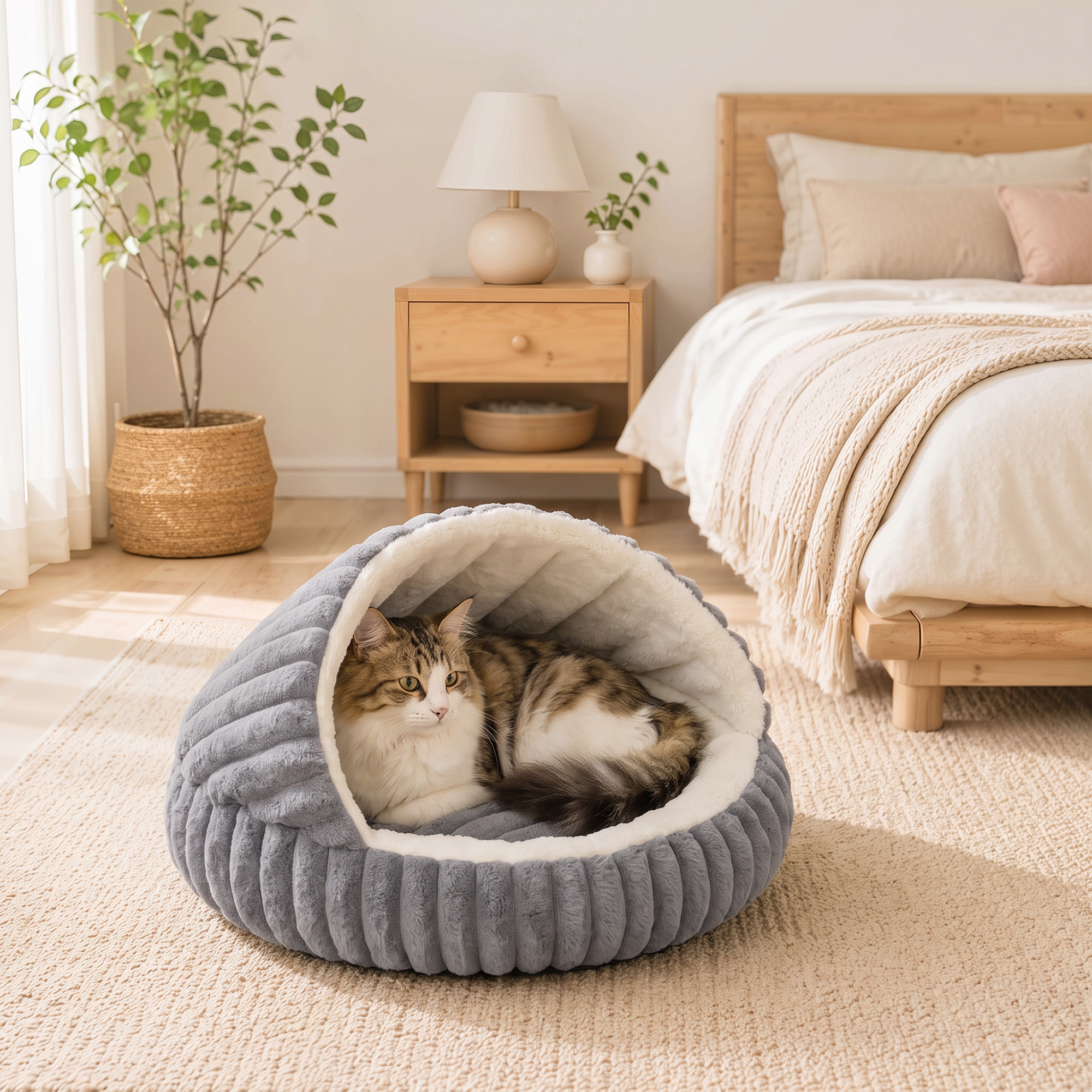 Katzenbett Plüsch Katzenhöhle mit abnehmbarem Kissen, Rutschfester Boden, Waschbar Katzenkorb, für Katzen bis 5 kg, Grau