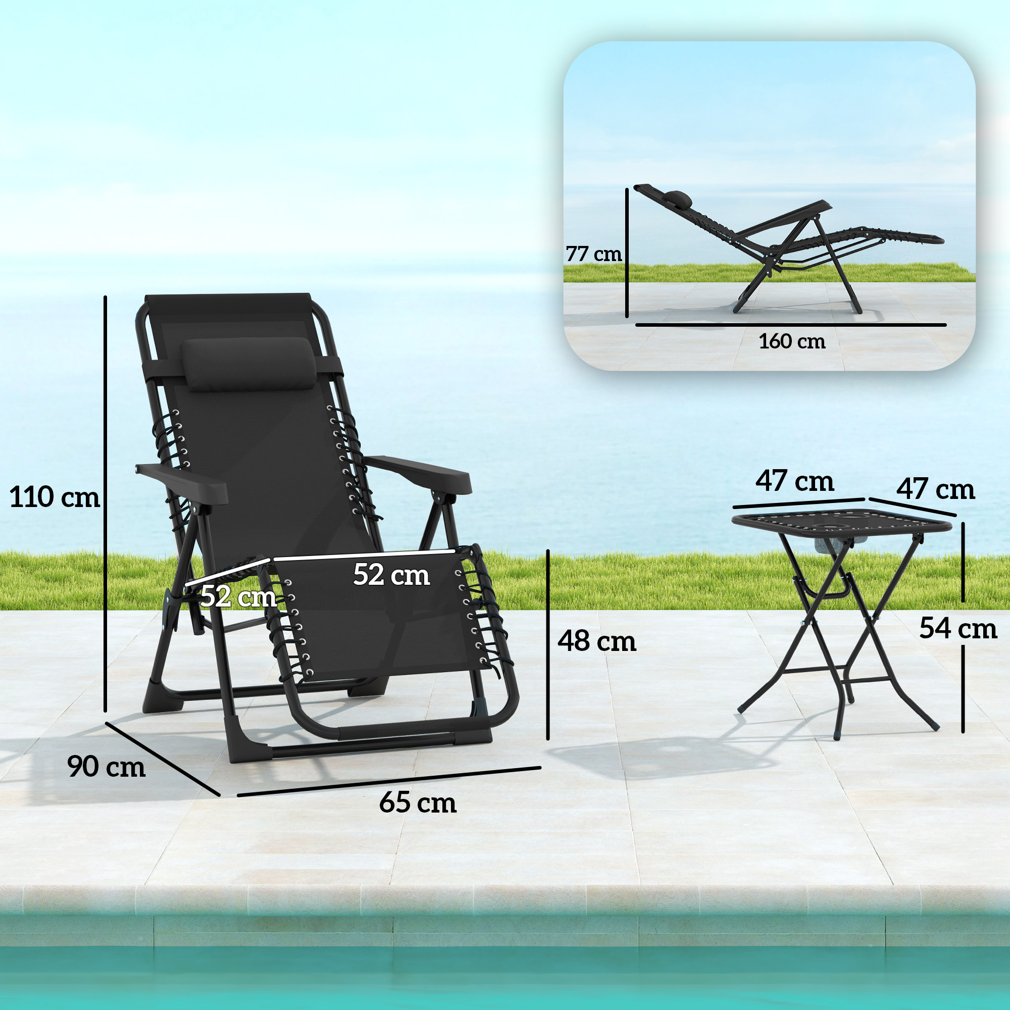 Gartenliege Set 3-TLG. Sonnenliege mit Teetisch 2 Liegestühle Kissen, Outdoor Liege 90x56x110 cm Schwarz