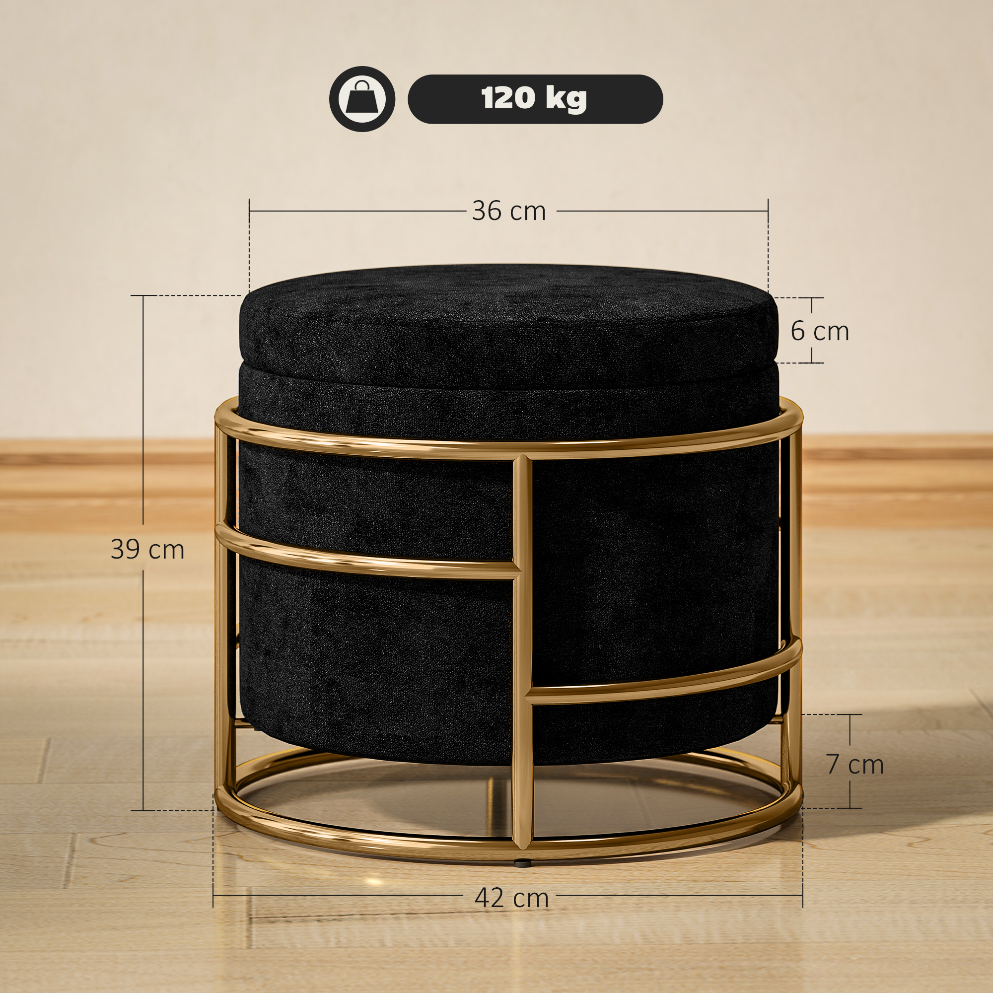 Sitzhocker mit Stauraum, gepolsterter Fußhocker, Metallrahmen, vergoldet, Schwarz
