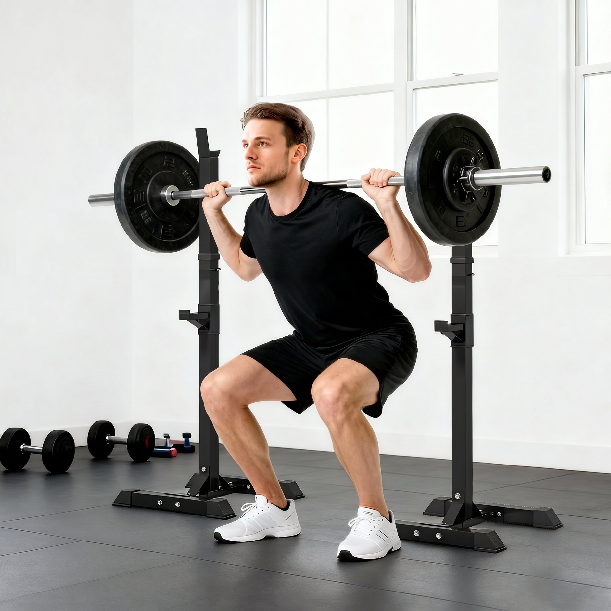 Hantelständer, 2er-Set, bis 150 kg belastbar, höhenverstellbar, Stahl, weiß+schwarz, 52 x 48 x 160 cm